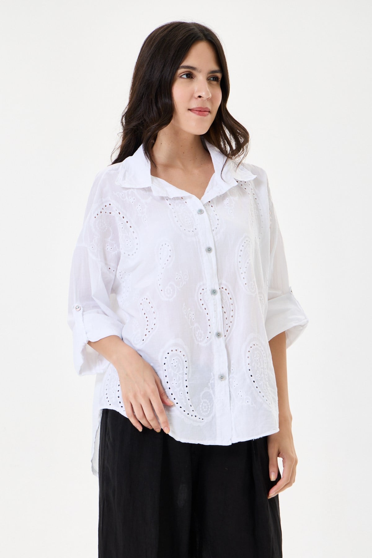 Kadın İtalyan Şal Desen Fistolu Katlanır Uzun Kollu Oversize Gömlek 40 - 46 Beden