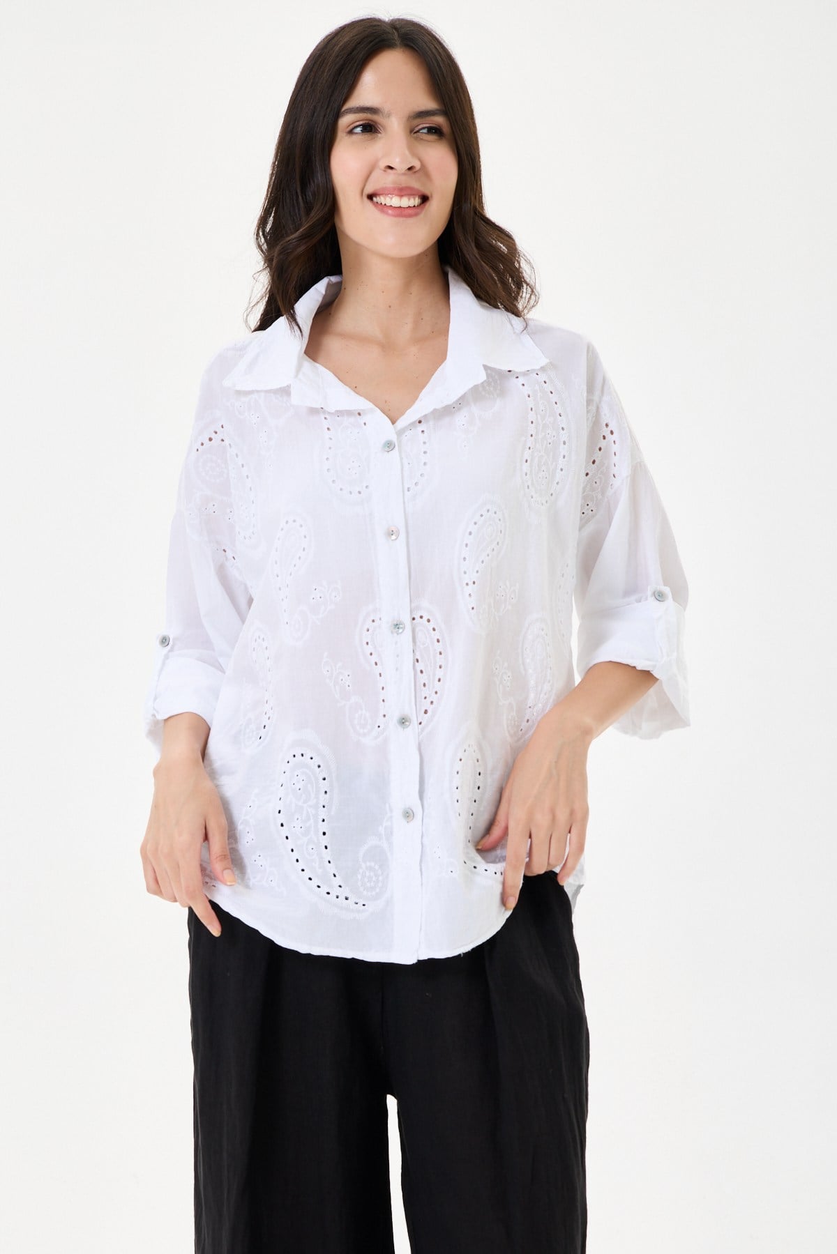 Kadın İtalyan Şal Desen Fistolu Katlanır Uzun Kollu Oversize Gömlek 40 - 46 Beden