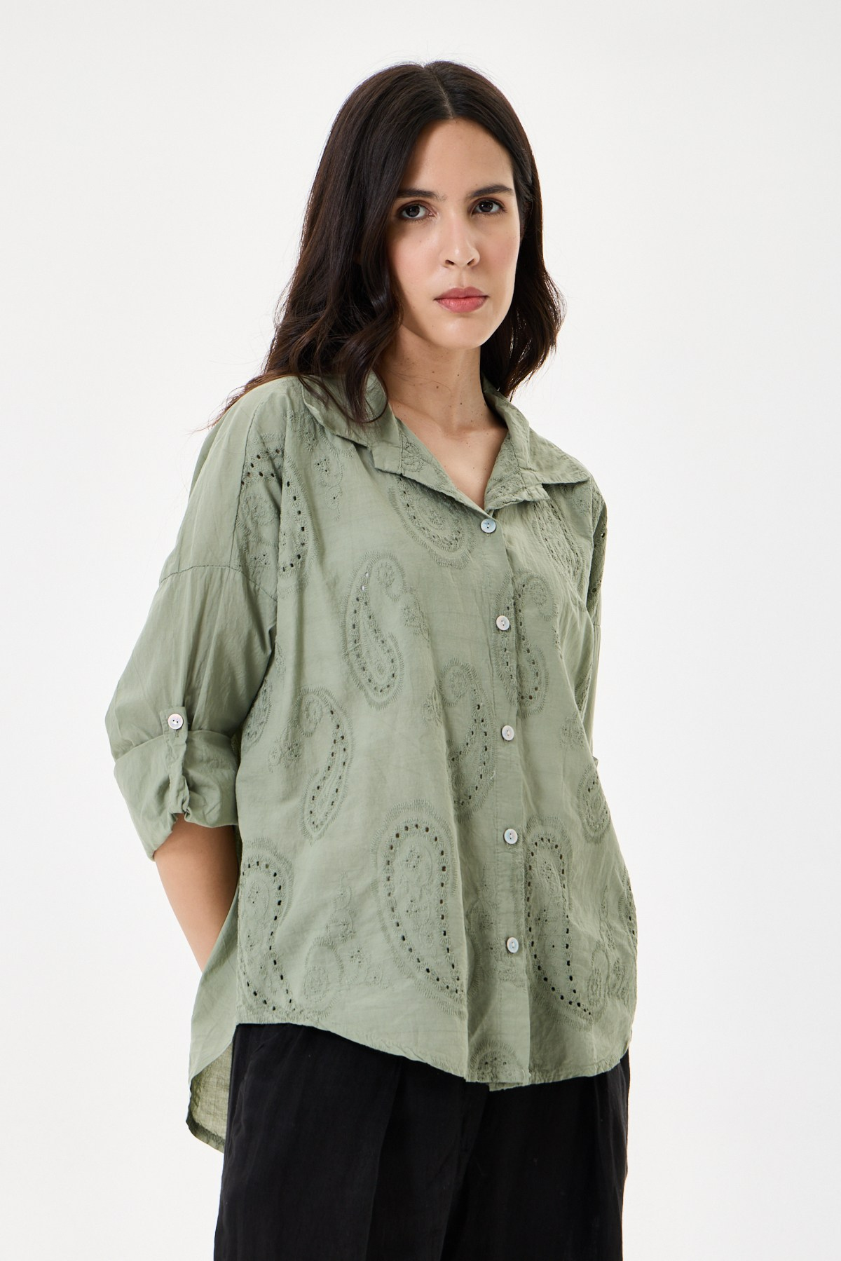 Kadın İtalyan Şal Desen Fistolu Katlanır Uzun Kollu Oversize Gömlek 40 - 46 Beden