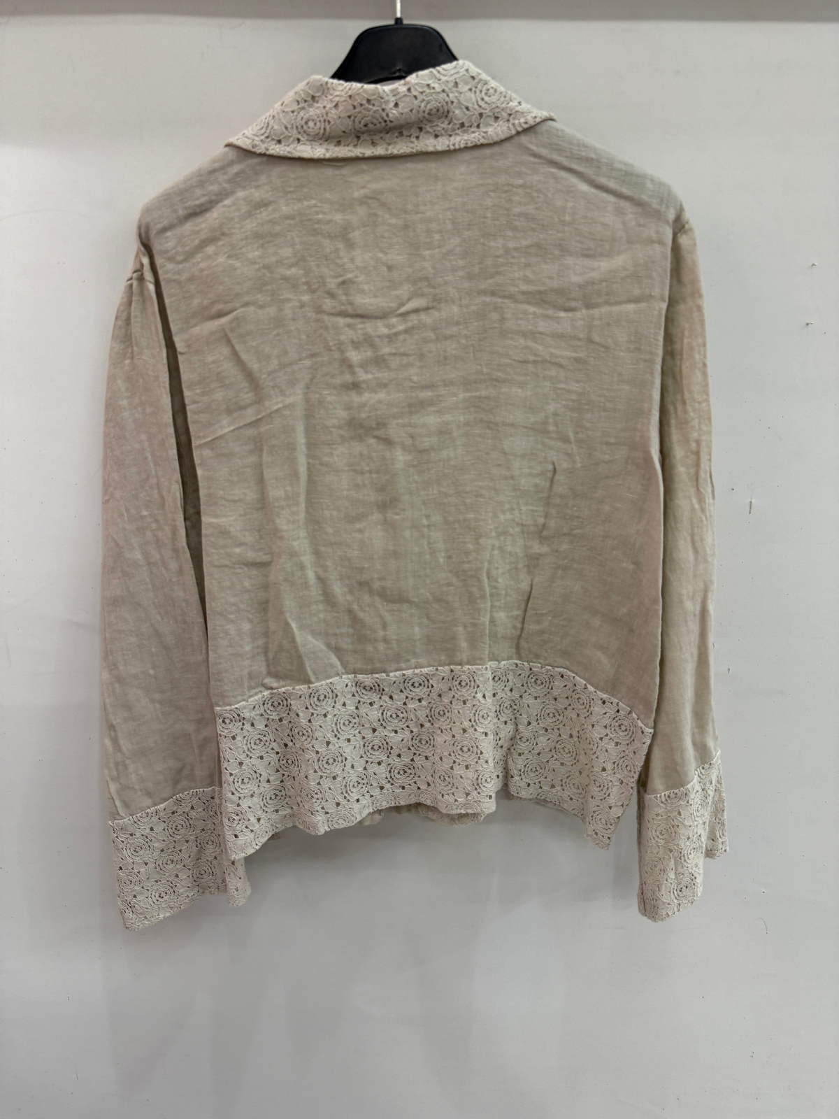Bej Kadın İtalyan Dantel Detaylı Oversize Keten Gömlek 38 - 44 Beden