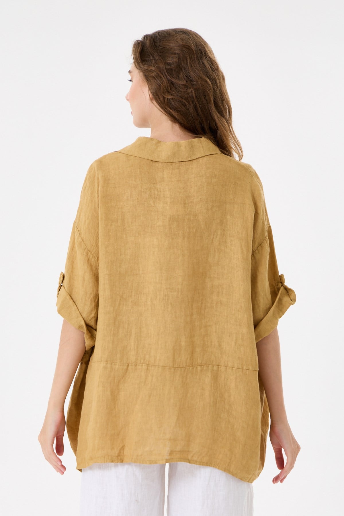 Kadın İtalyan %100 Keten Düşük Kol Oversize Keten Gömlek 38 - 44 Beden