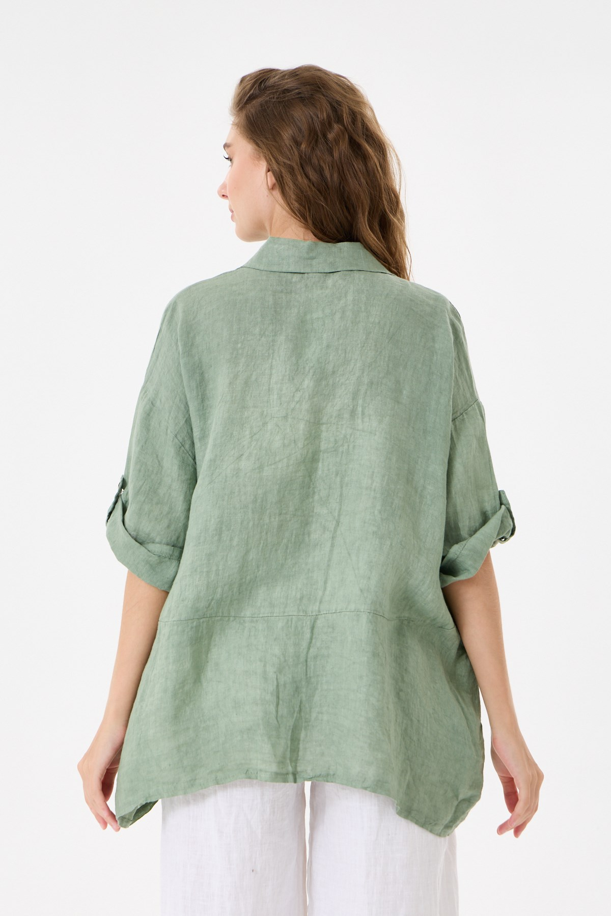Kadın İtalyan %100 Keten Düşük Kol Oversize Keten Gömlek 38 - 44 Beden