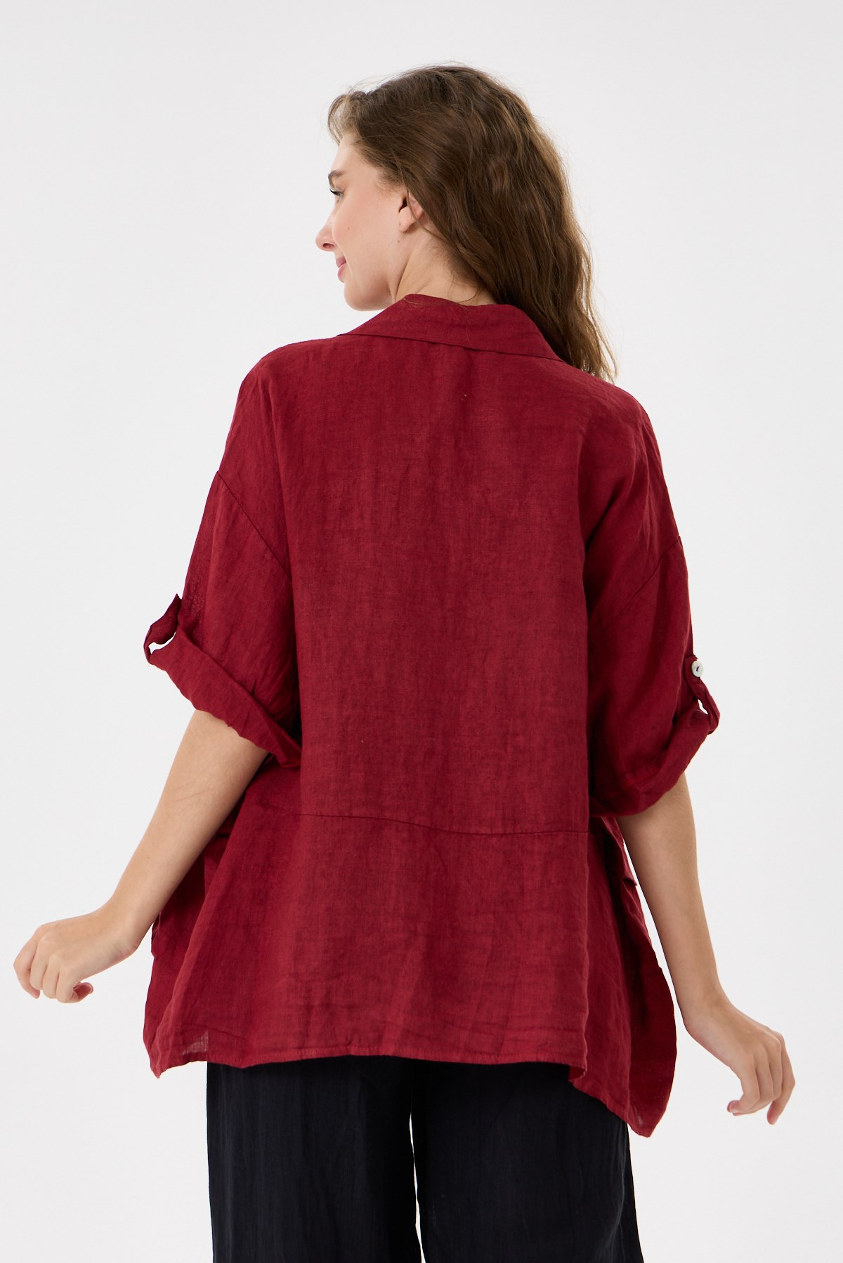 Kadın İtalyan %100 Keten Düşük Kol Oversize Keten Gömlek 38 - 44 Beden