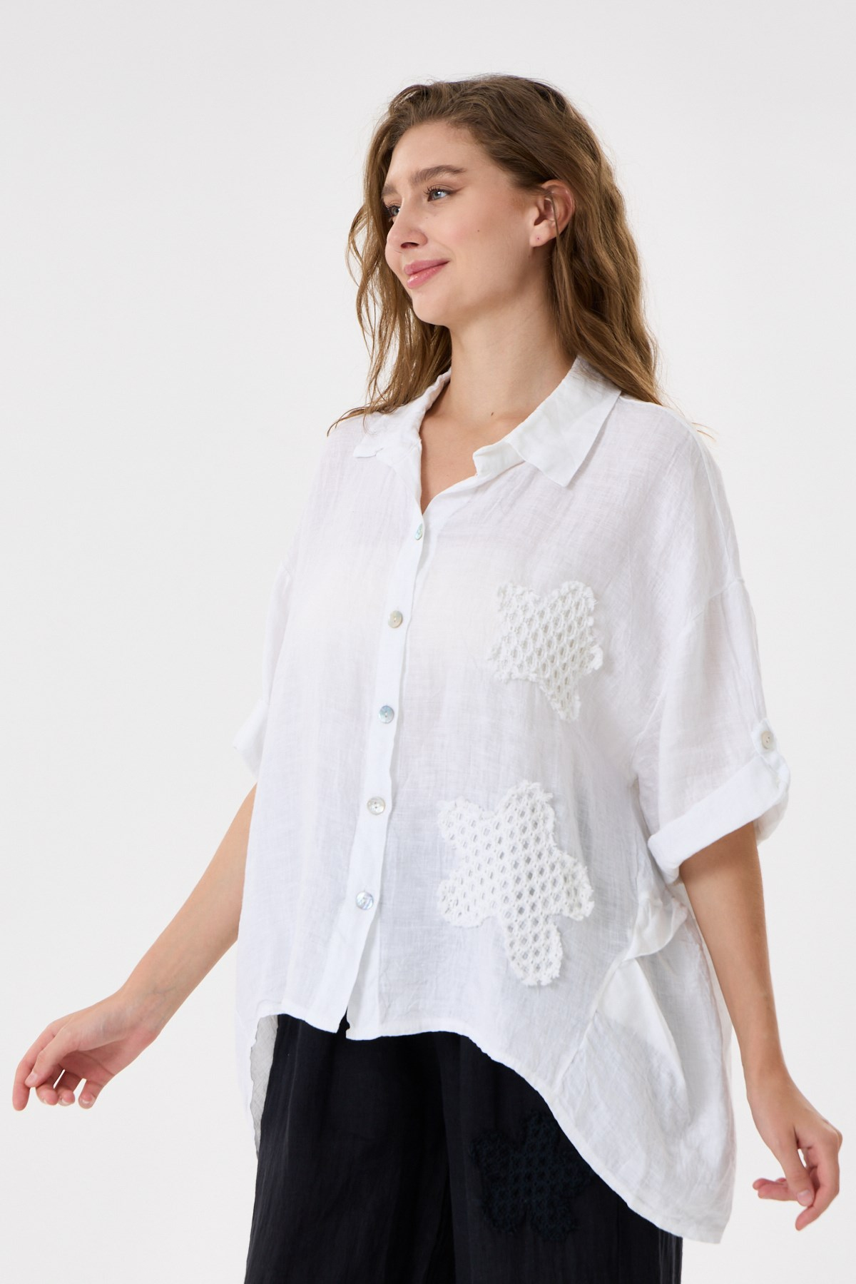 Kadın İtalyan %100 Keten Düşük Kol Oversize Keten Gömlek 38 - 44 Beden