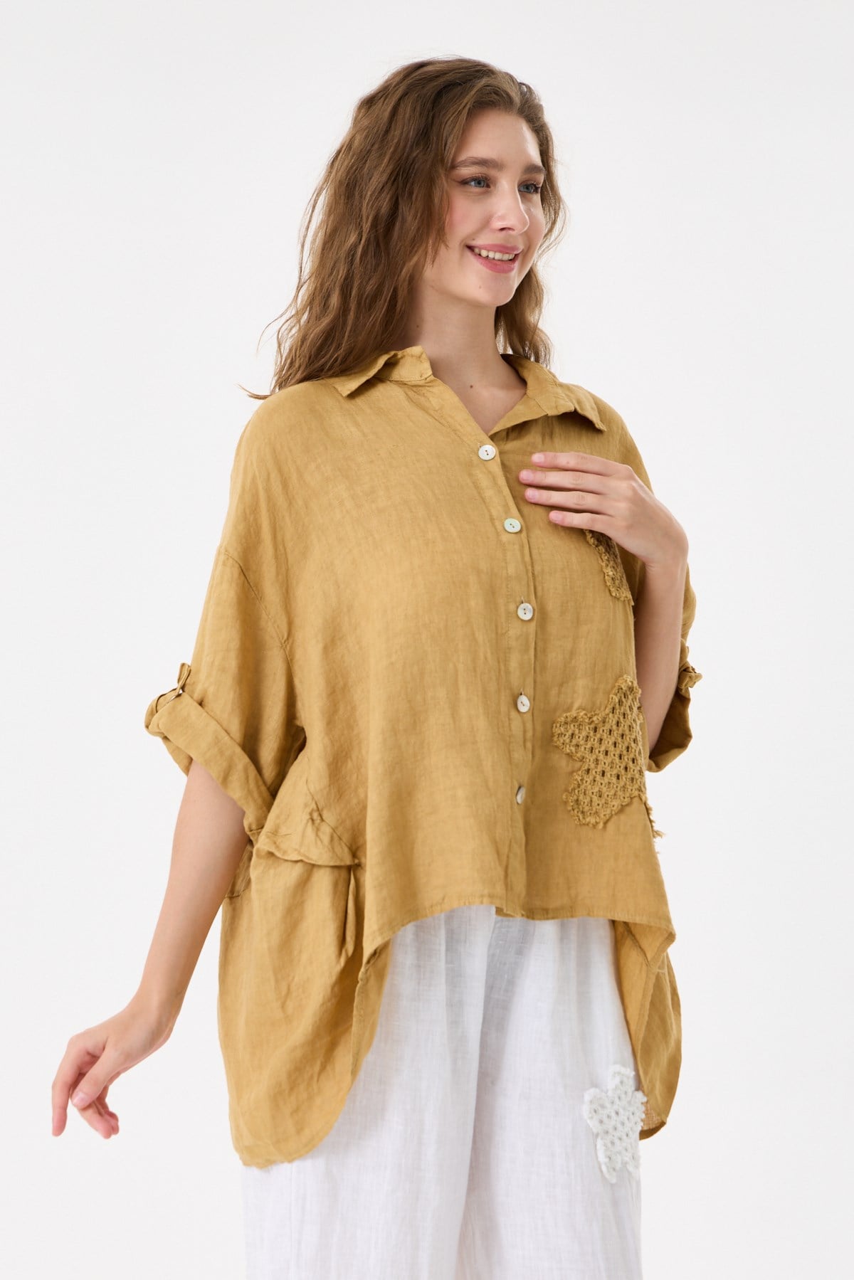 Kadın İtalyan %100 Keten Düşük Kol Oversize Keten Gömlek 38 - 44 Beden