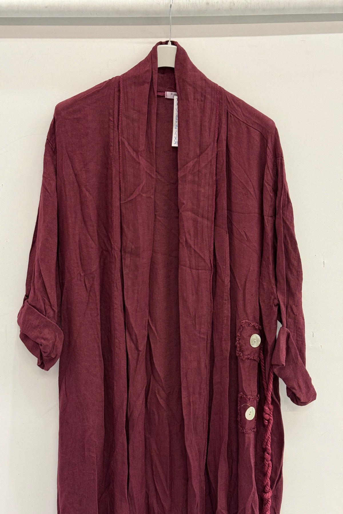 Bordo Kadın İtalyan Etek Ucu Düğme Yırtmaçlı Uzun Oversize Keten Kaftan 38 - 46 Beden