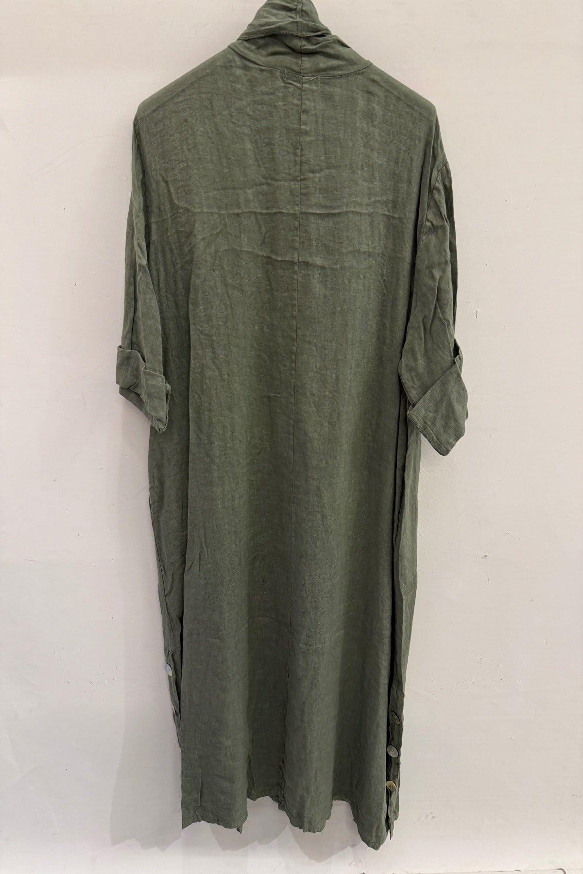 Haki Kadın İtalyan Etek Ucu Düğme Yırtmaçlı Uzun Oversize Keten Kaftan 38 - 46 Beden