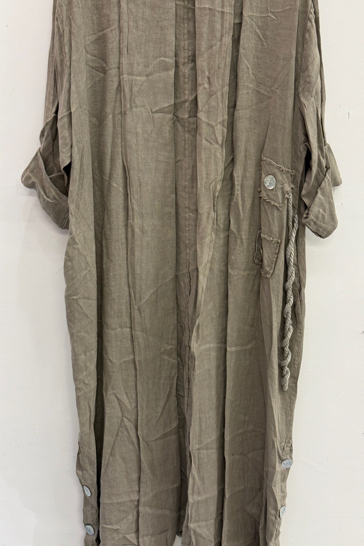Vizon Kadın İtalyan Etek Ucu Düğme Yırtmaçlı Uzun Oversize Keten Kaftan 38 - 46 Beden