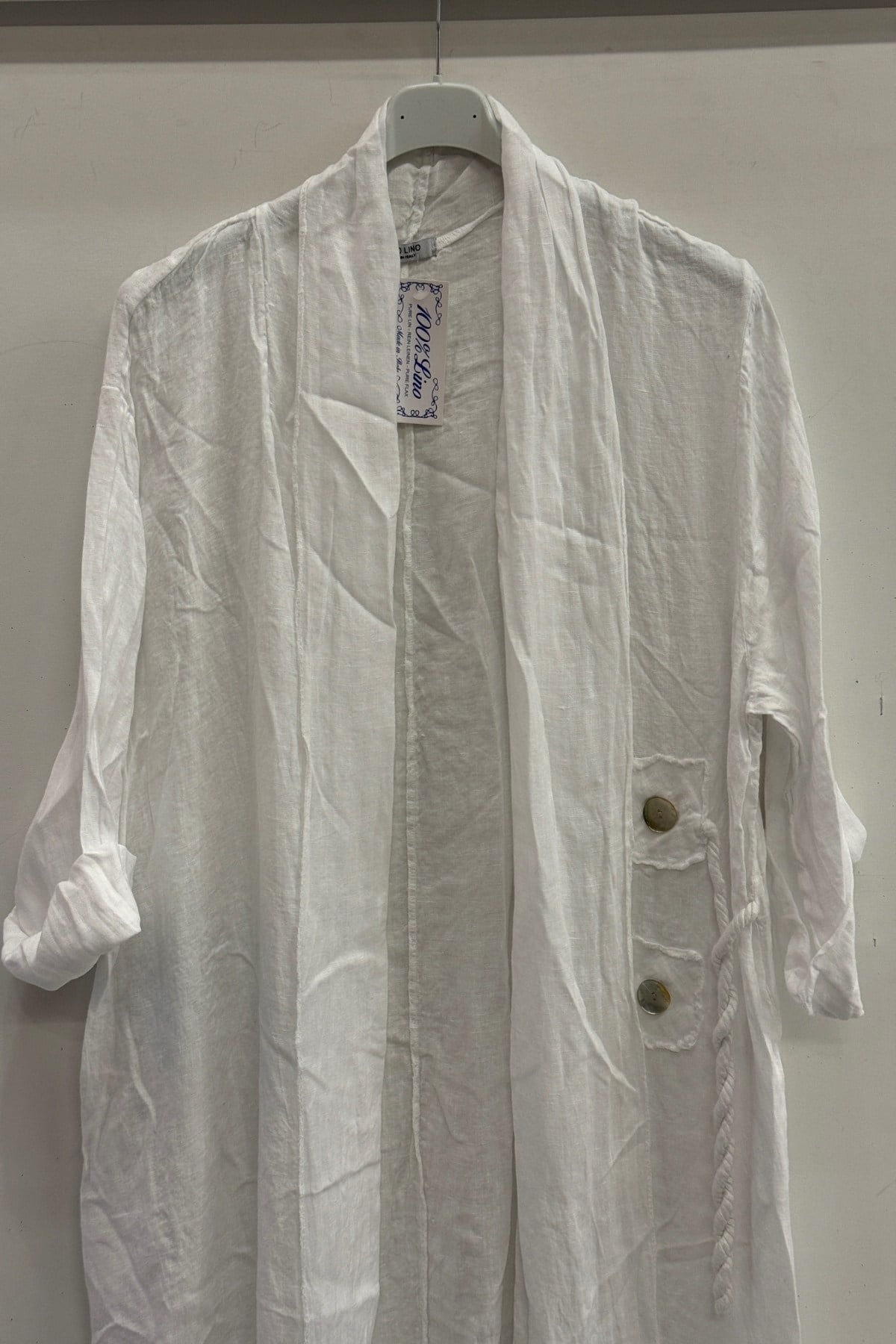 Beyaz Kadın İtalyan Etek Ucu Düğme Yırtmaçlı Uzun Oversize Keten Kaftan 38 - 46 Beden