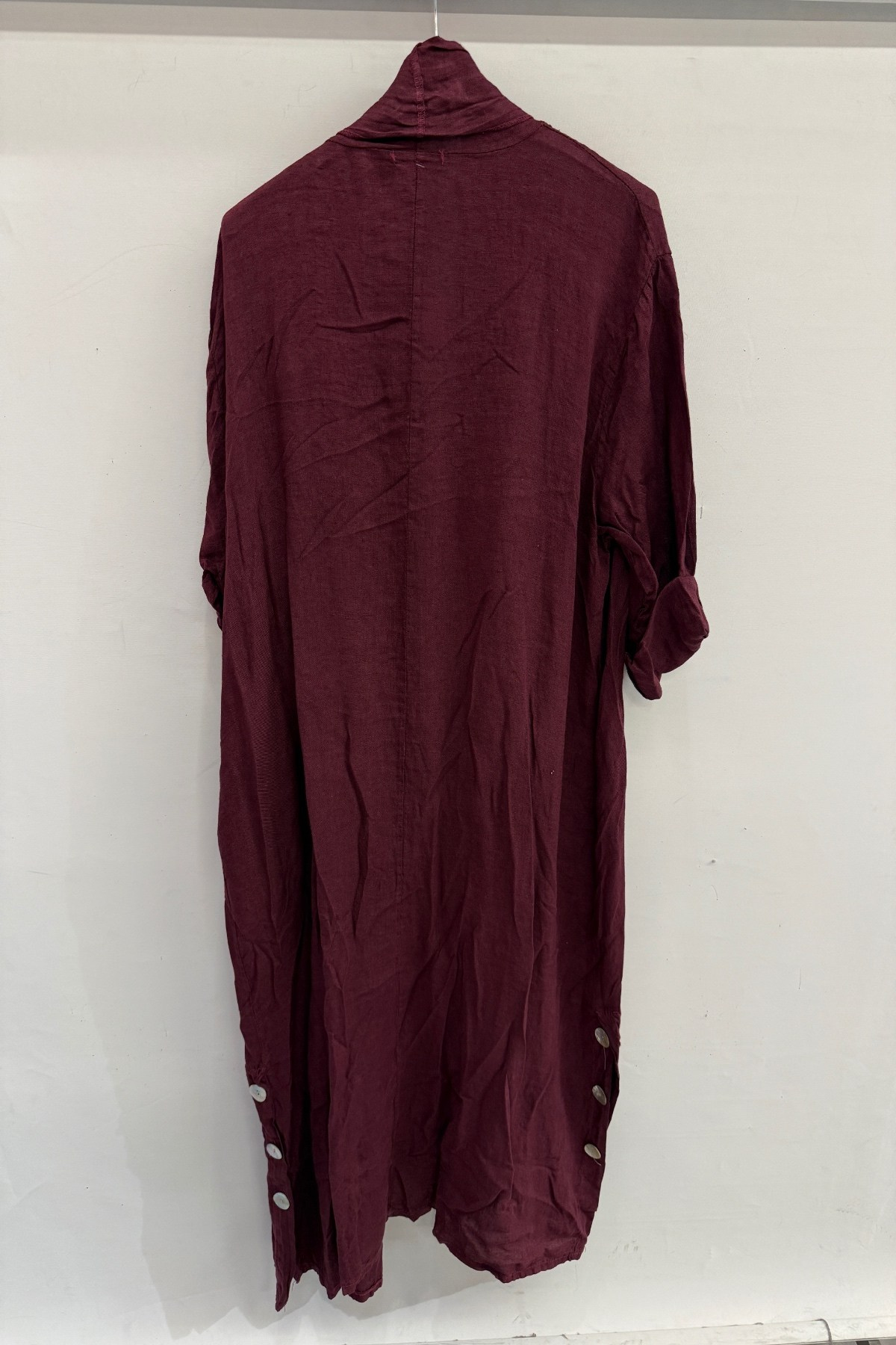Bordo Kadın İtalyan Etek Ucu Düğme Yırtmaçlı Uzun Oversize Keten Kaftan 38 - 46 Beden