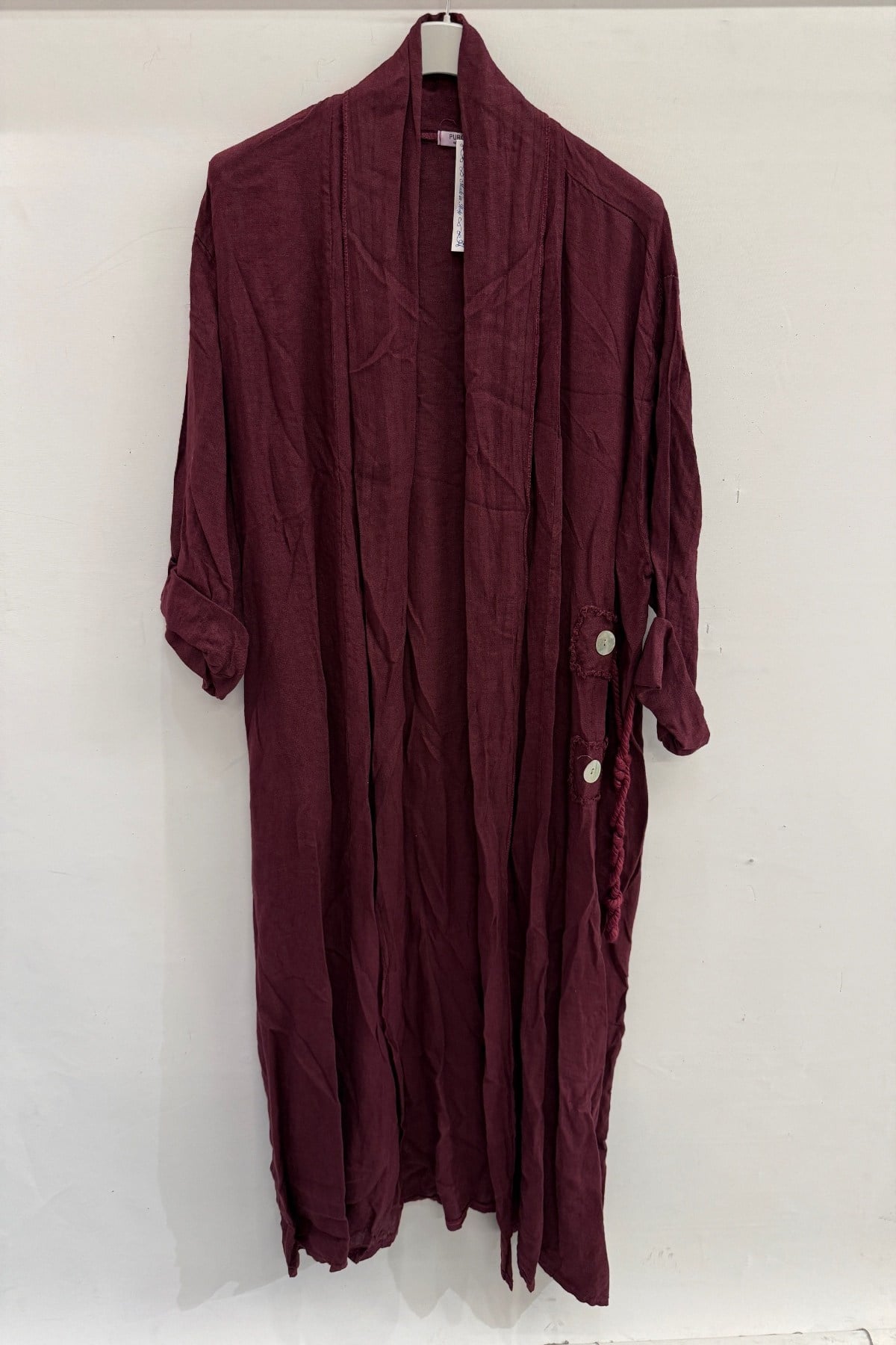 Bordo Kadın İtalyan Etek Ucu Düğme Yırtmaçlı Uzun Oversize Keten Kaftan 38 - 46 Beden