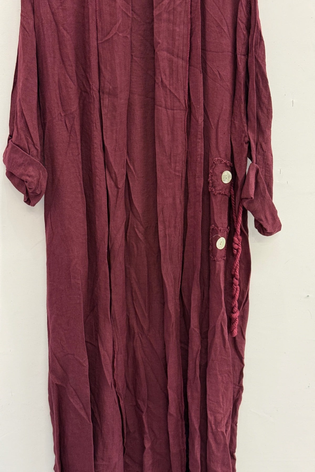 Bordo Kadın İtalyan Etek Ucu Düğme Yırtmaçlı Uzun Oversize Keten Kaftan 38 - 46 Beden