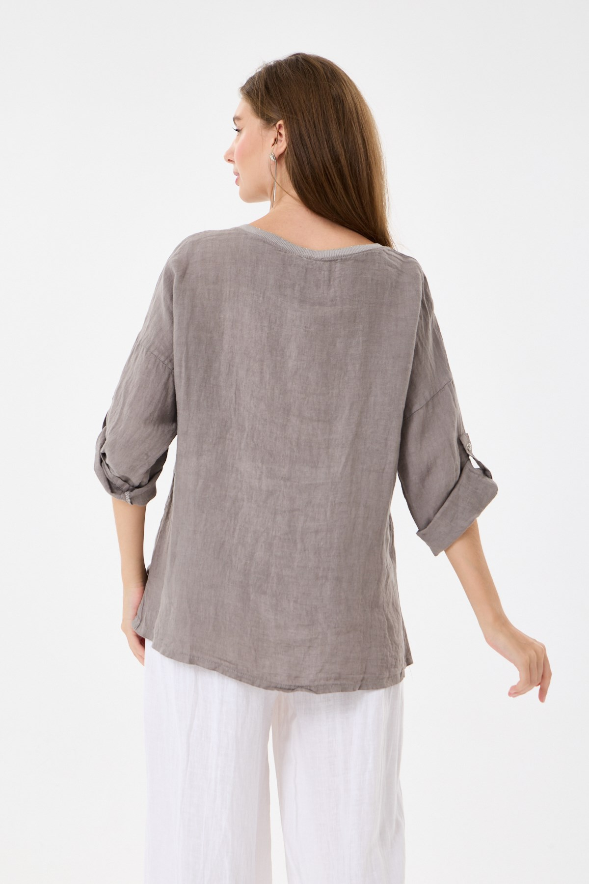 İtalyan %100 Keten Yıldız ve Çiçek Desen Yamalı Katlanır Kollu Oversize Keten Bluz 38 - 44 Beden - Vizon