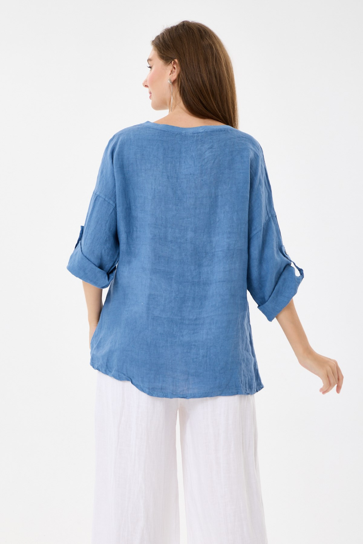 İtalyan %100 Keten Yıldız ve Çiçek Desen Yamalı Katlanır Kollu Oversize Keten Bluz 38 - 44 Beden - Mavi