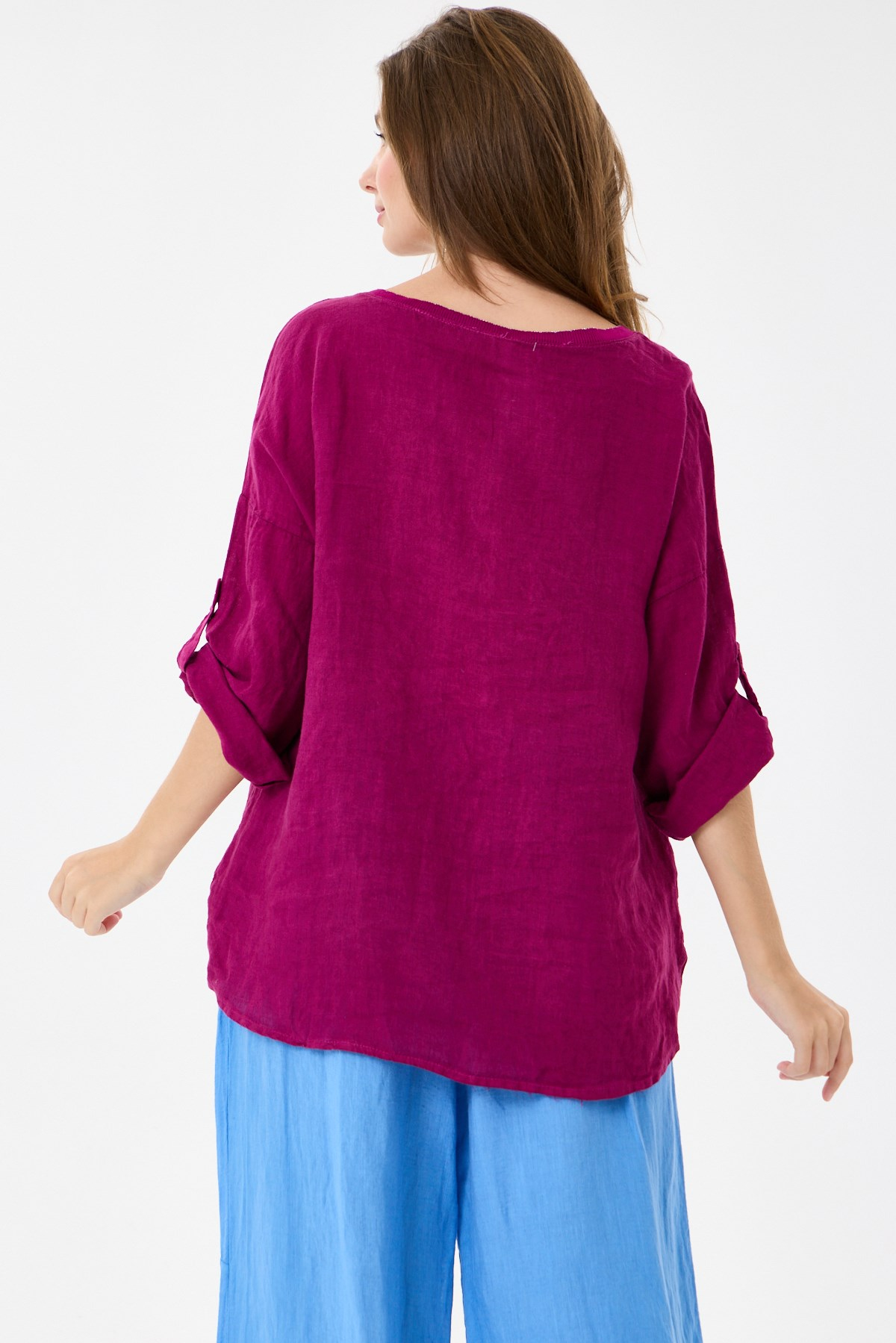 İtalyan %100 Keten Yıldız ve Çiçek Desen Yamalı Katlanır Kollu Oversize Keten Bluz 38 - 44 Beden - Vişne