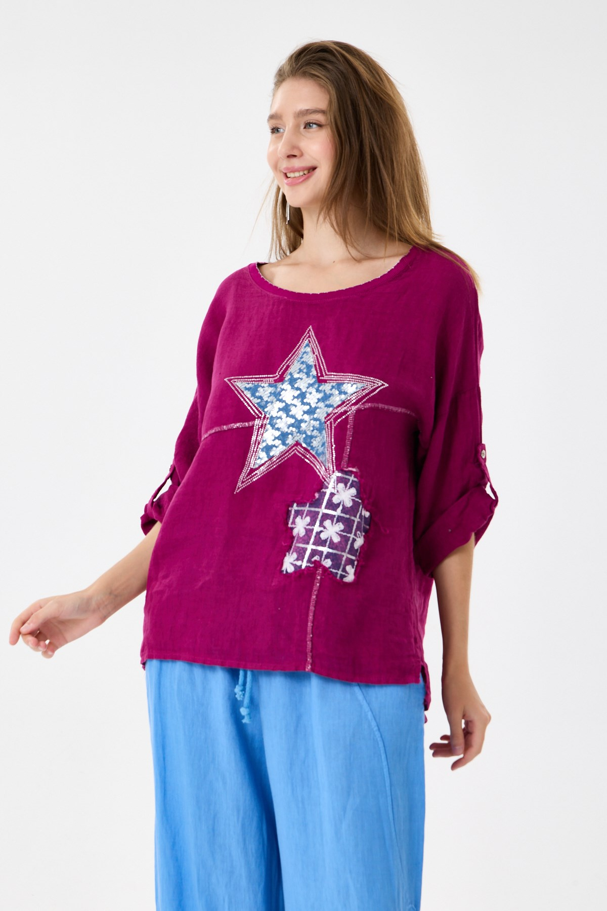 İtalyan %100 Keten Yıldız ve Çiçek Desen Yamalı Katlanır Kollu Oversize Keten Bluz 38 - 44 Beden - Vişne