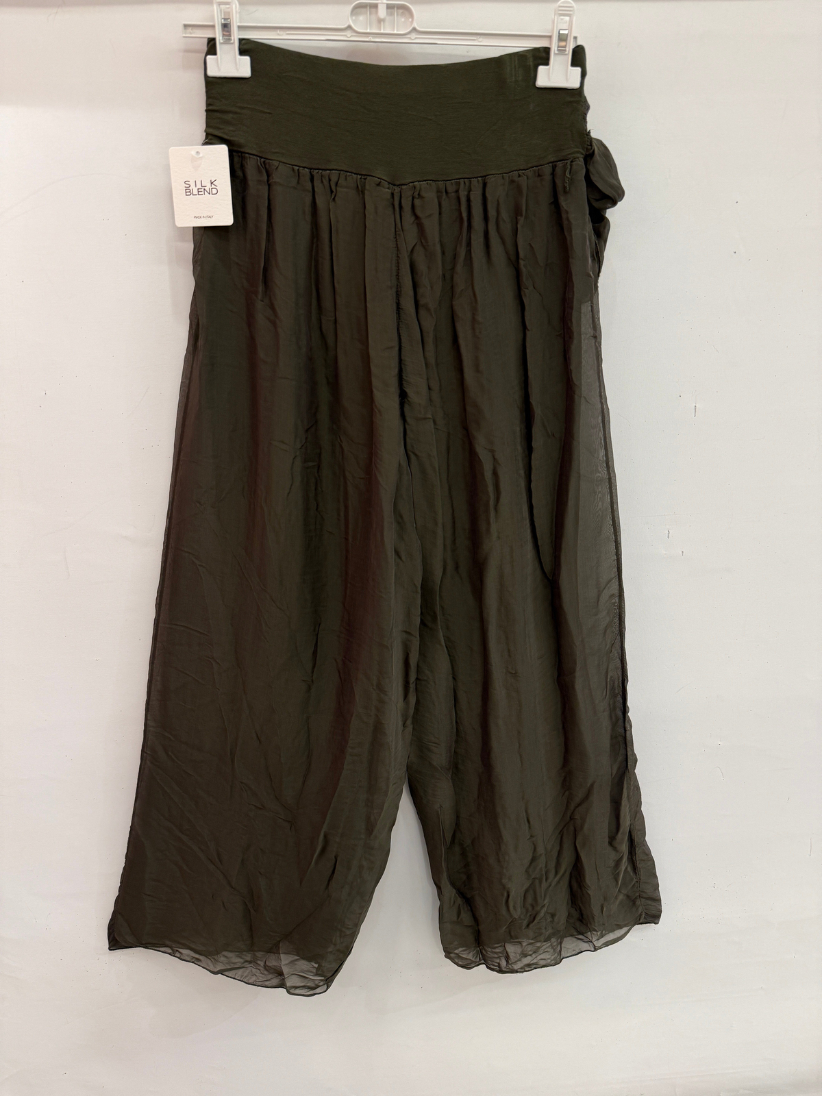 Haki Kadın İtalyan Beli İpek Kuşaklı Bol Paça Astarlı İpek Pantolon 36 - 42 Beden