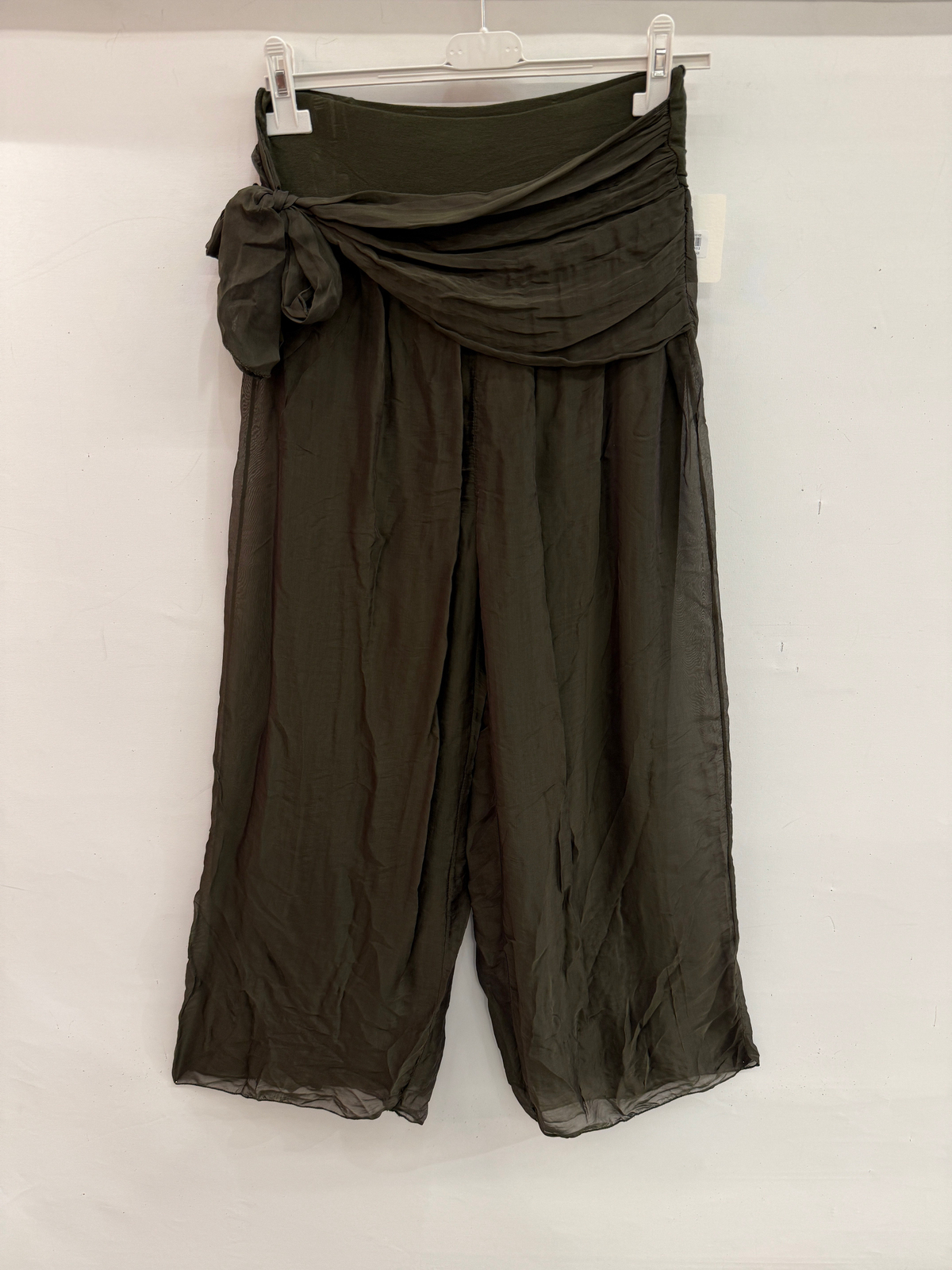 Haki Kadın İtalyan Beli İpek Kuşaklı Bol Paça Astarlı İpek Pantolon 36 - 42 Beden