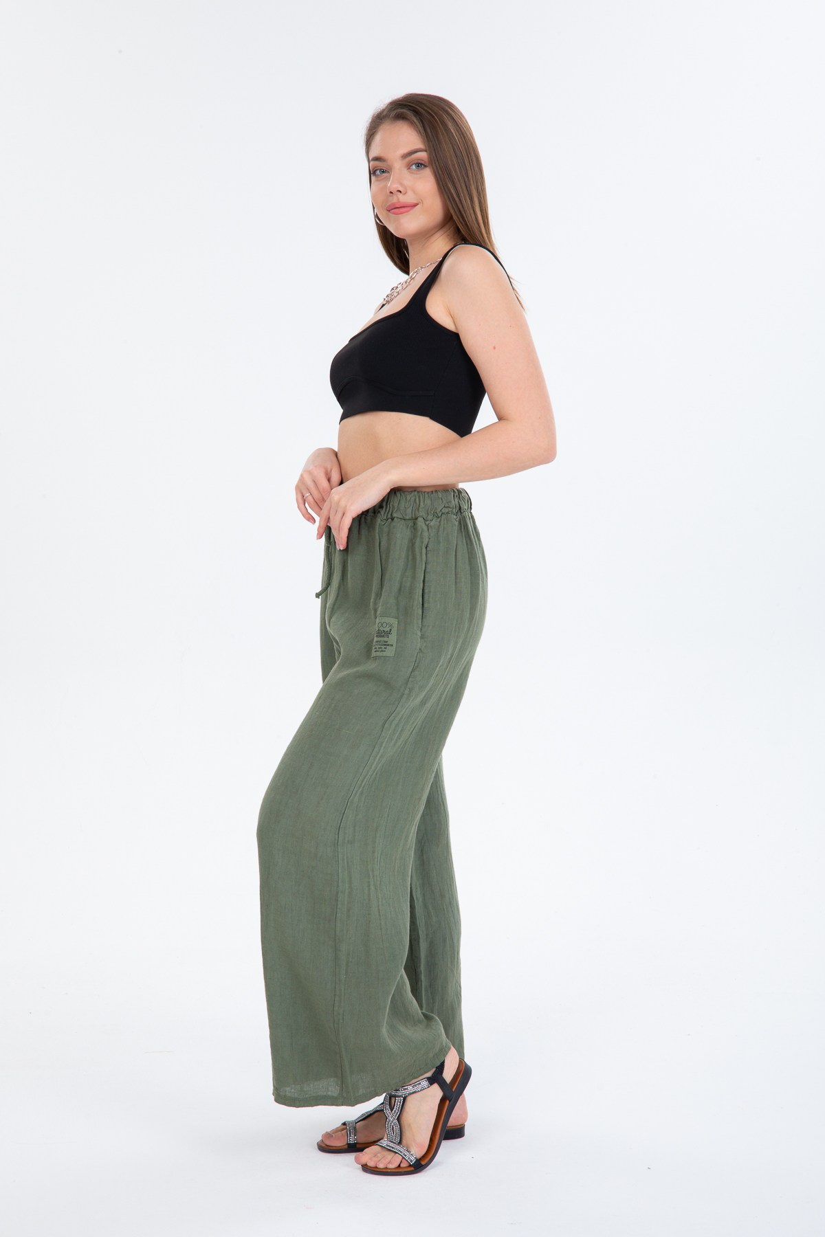 Haki Kadın İtalyan Beli Bağcıklı Bol Paça Keten Pantolon 40 - 44 Beden