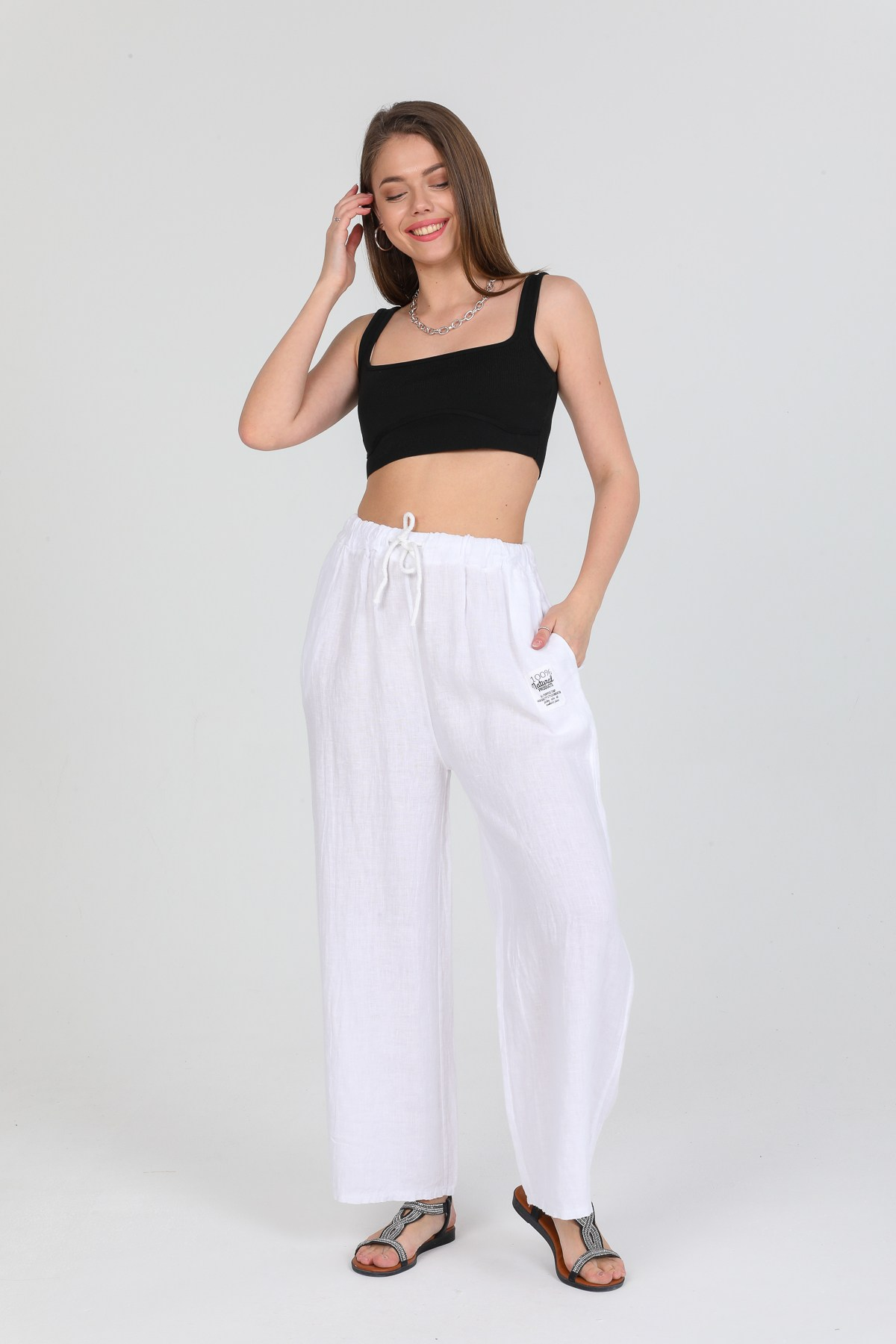 Beyaz Kadın İtalyan Beli Bağcıklı Bol Paça Keten Pantolon 40 - 44 Beden