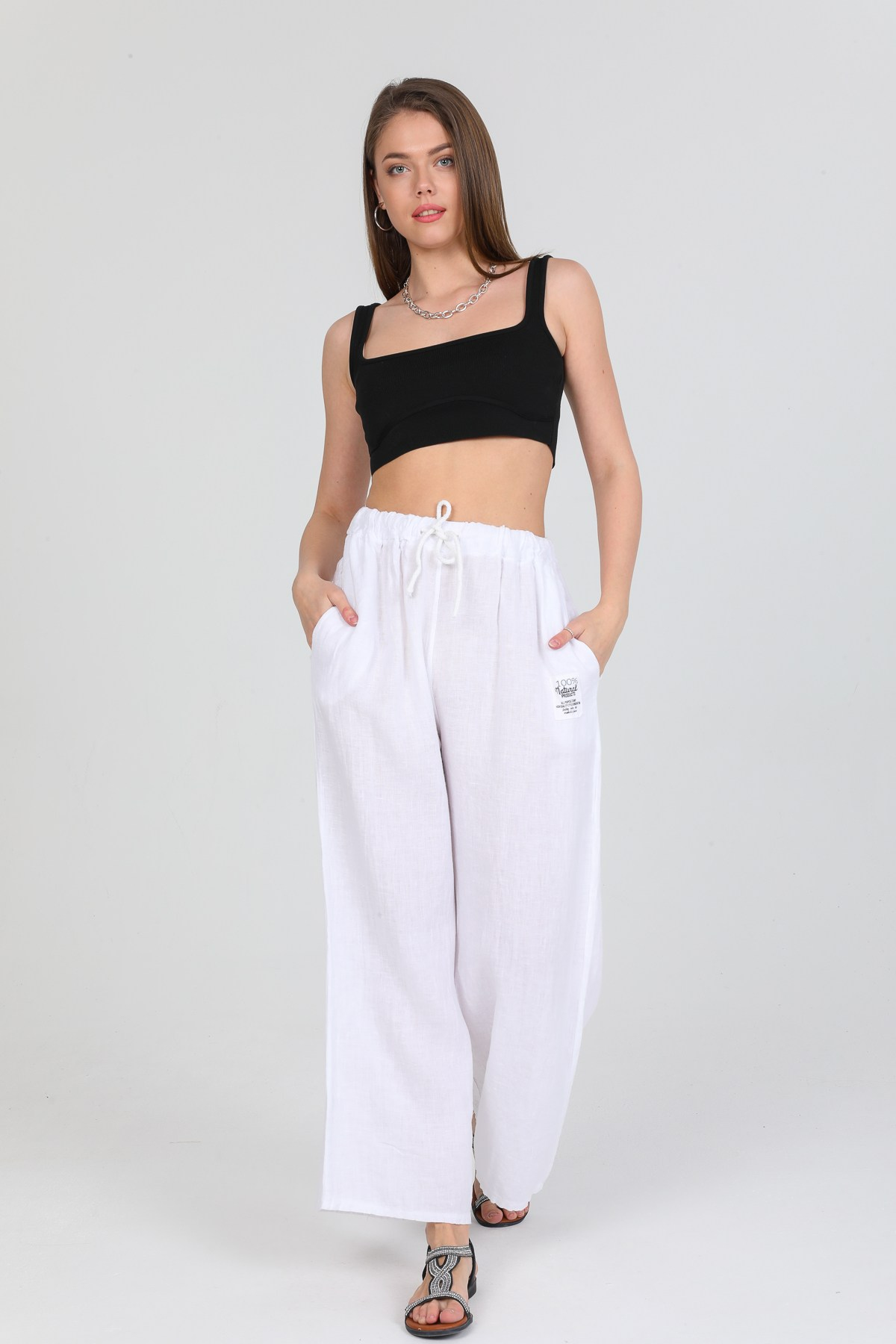 Beyaz Kadın İtalyan Beli Bağcıklı Bol Paça Keten Pantolon 40 - 44 Beden