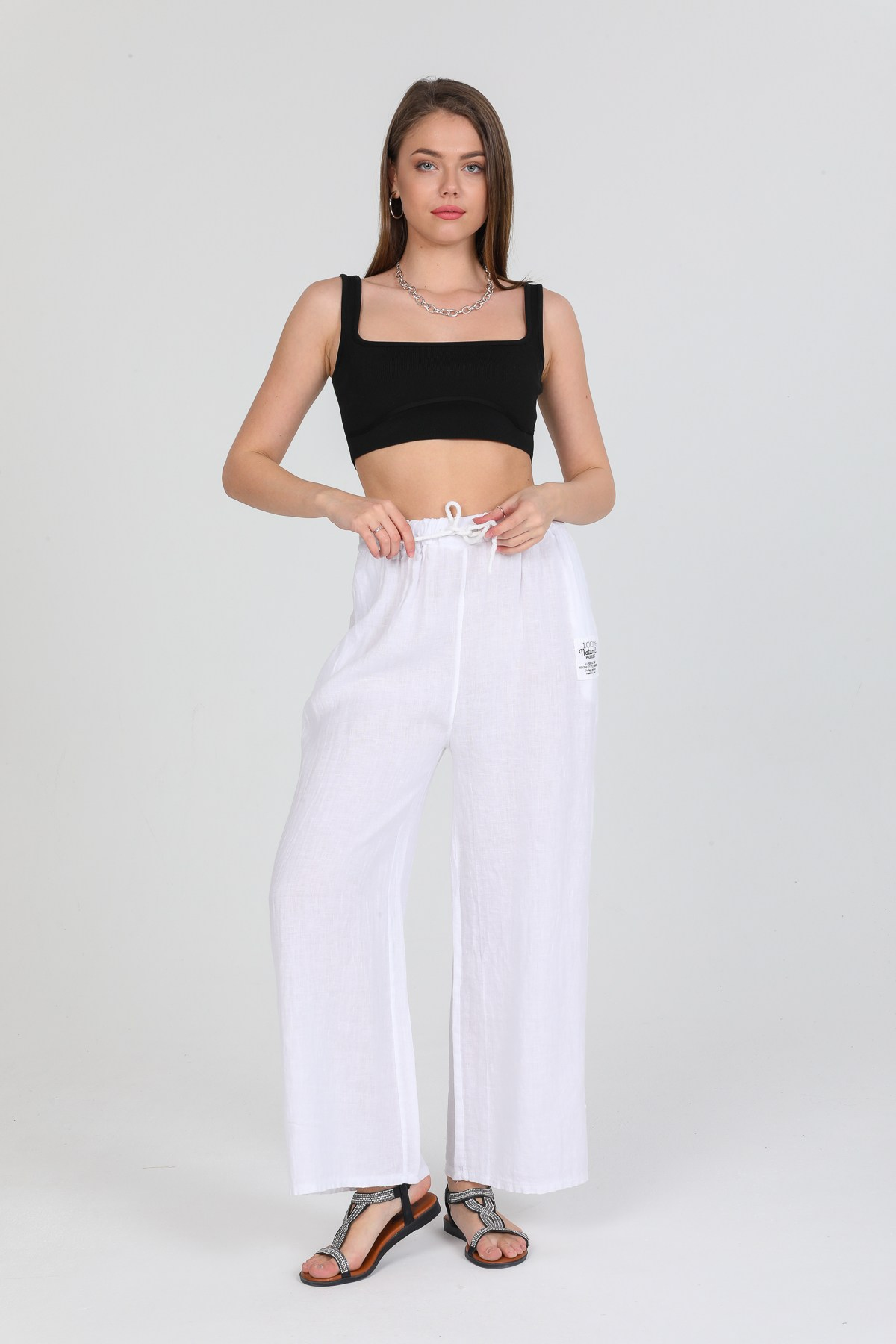 Beyaz Kadın İtalyan Beli Bağcıklı Bol Paça Keten Pantolon 40 - 44 Beden