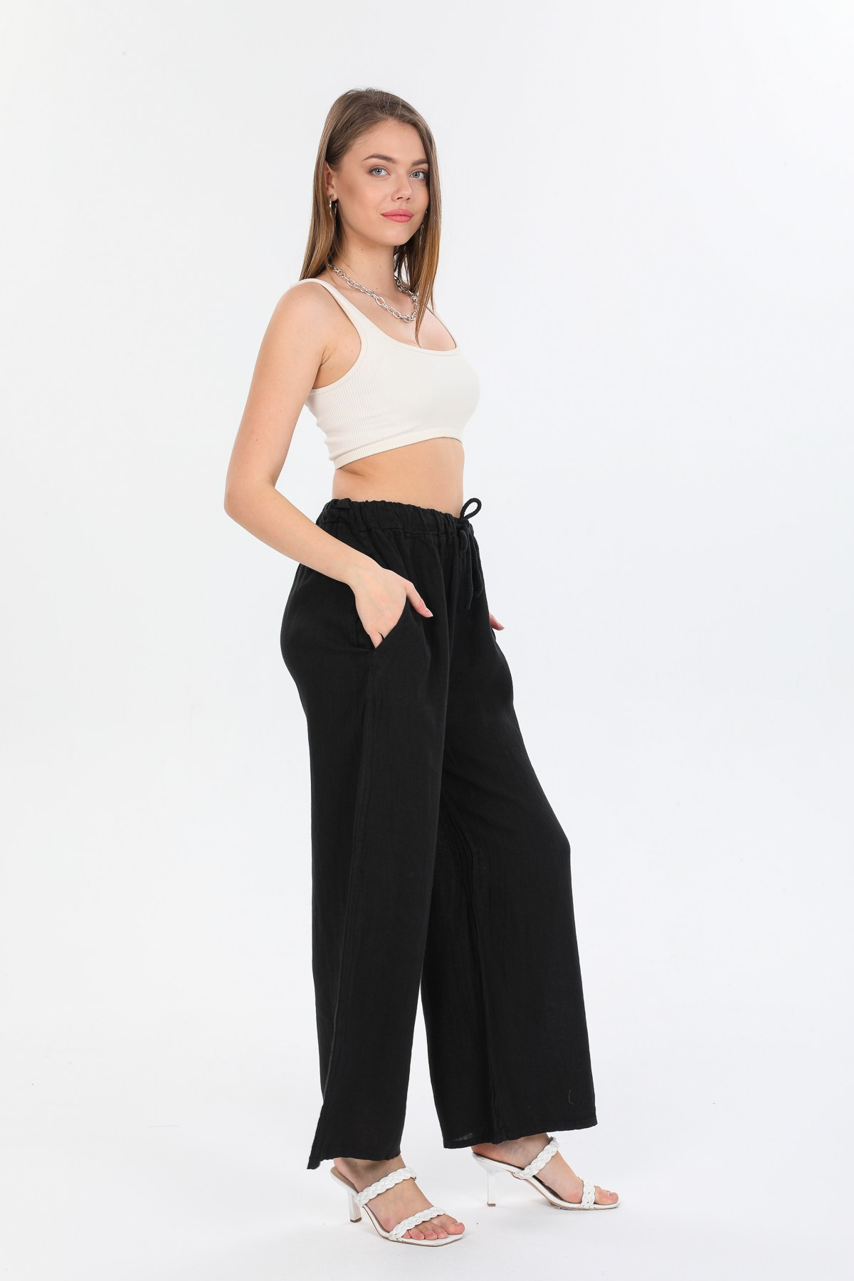 Siyah Kadın İtalyan Beli Bağcıklı Bol Paça Keten Pantolon 40 - 44 Beden