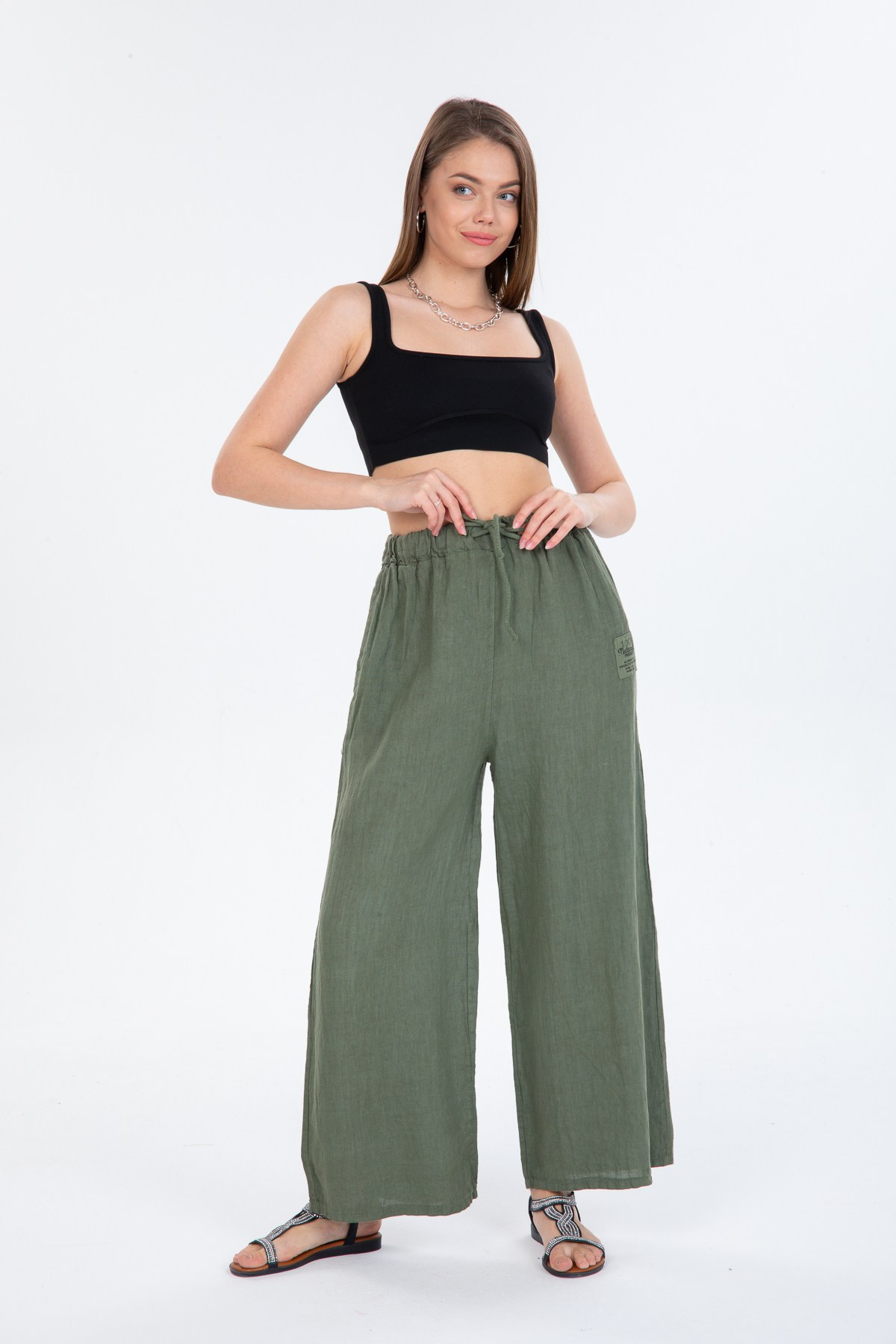 Haki Kadın İtalyan Beli Bağcıklı Bol Paça Keten Pantolon 40 - 44 Beden