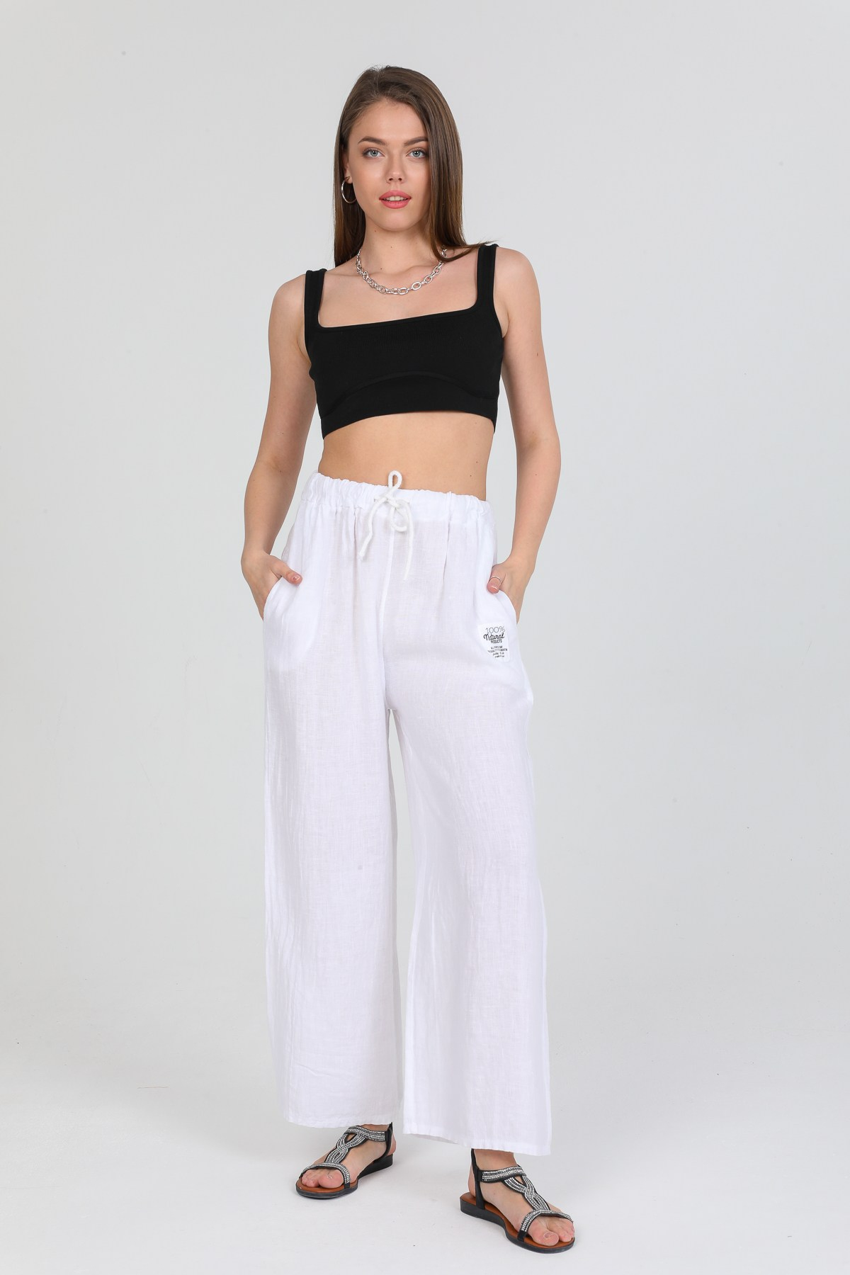 Beyaz Kadın İtalyan Beli Bağcıklı Bol Paça Keten Pantolon 40 - 44 Beden