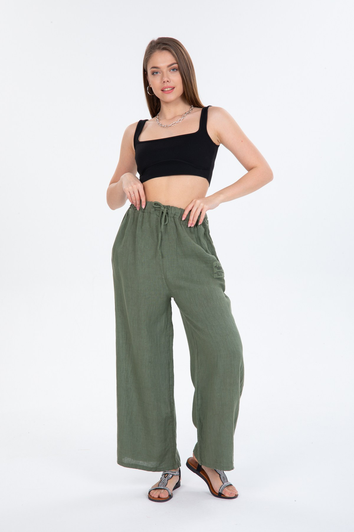 Haki Kadın İtalyan Beli Bağcıklı Bol Paça Keten Pantolon 40 - 44 Beden