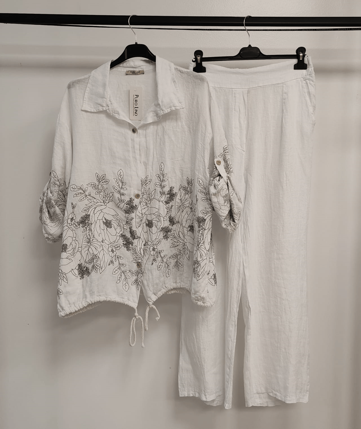 Kadın Beyaz İtalyan Çiçek Desenli Oversize Keten Alt Üst Takım 40 - 44 Beden