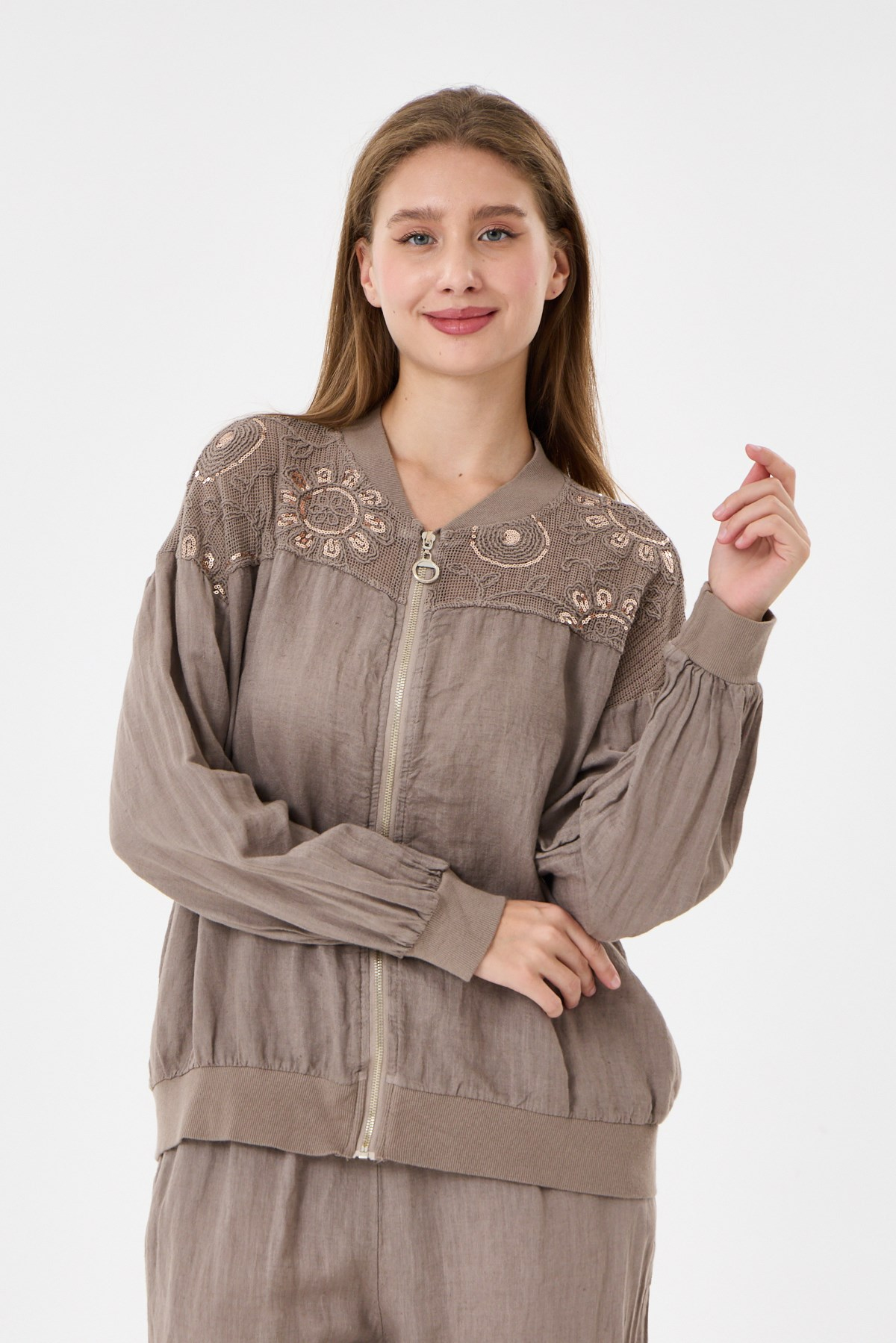 Taupe İtalyan Ceketi Ve Pantolonu Pullu Keten Takım 2605XA46 - 11704-2437