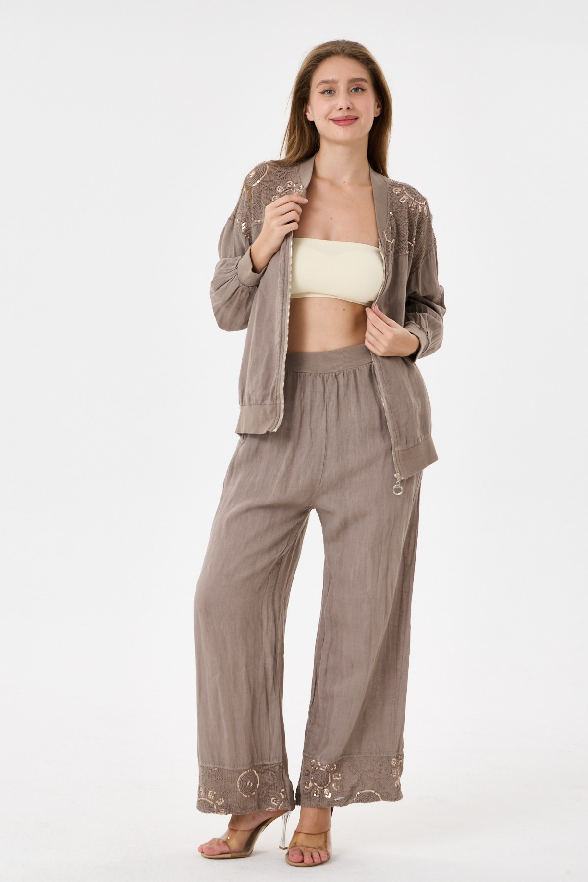 Taupe İtalyan Ceketi Ve Pantolonu Pullu Keten Takım 2605XA46 - 11704-2437