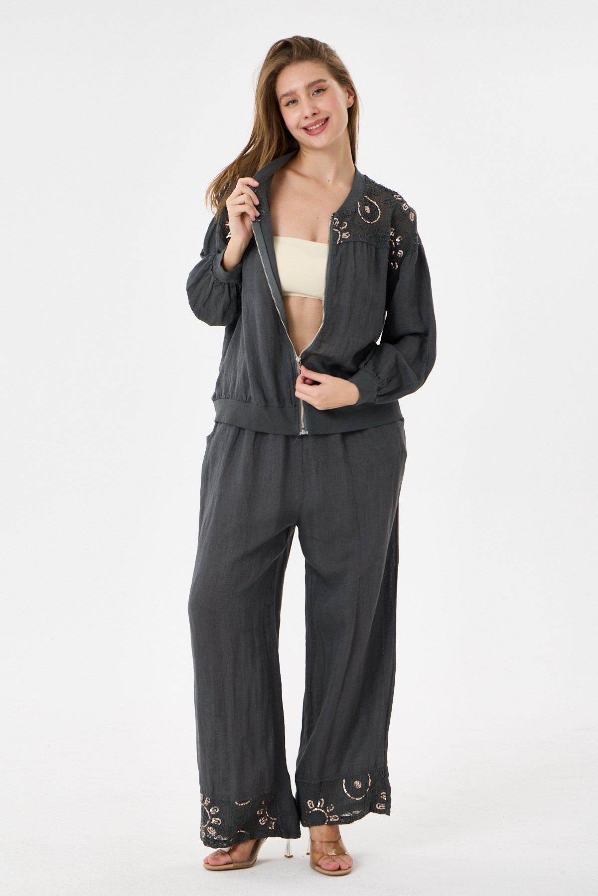 Dark Grey İtalyan Ceketi Ve Pantolonu Pullu Keten Takım 2605XA46 - 11704-2437