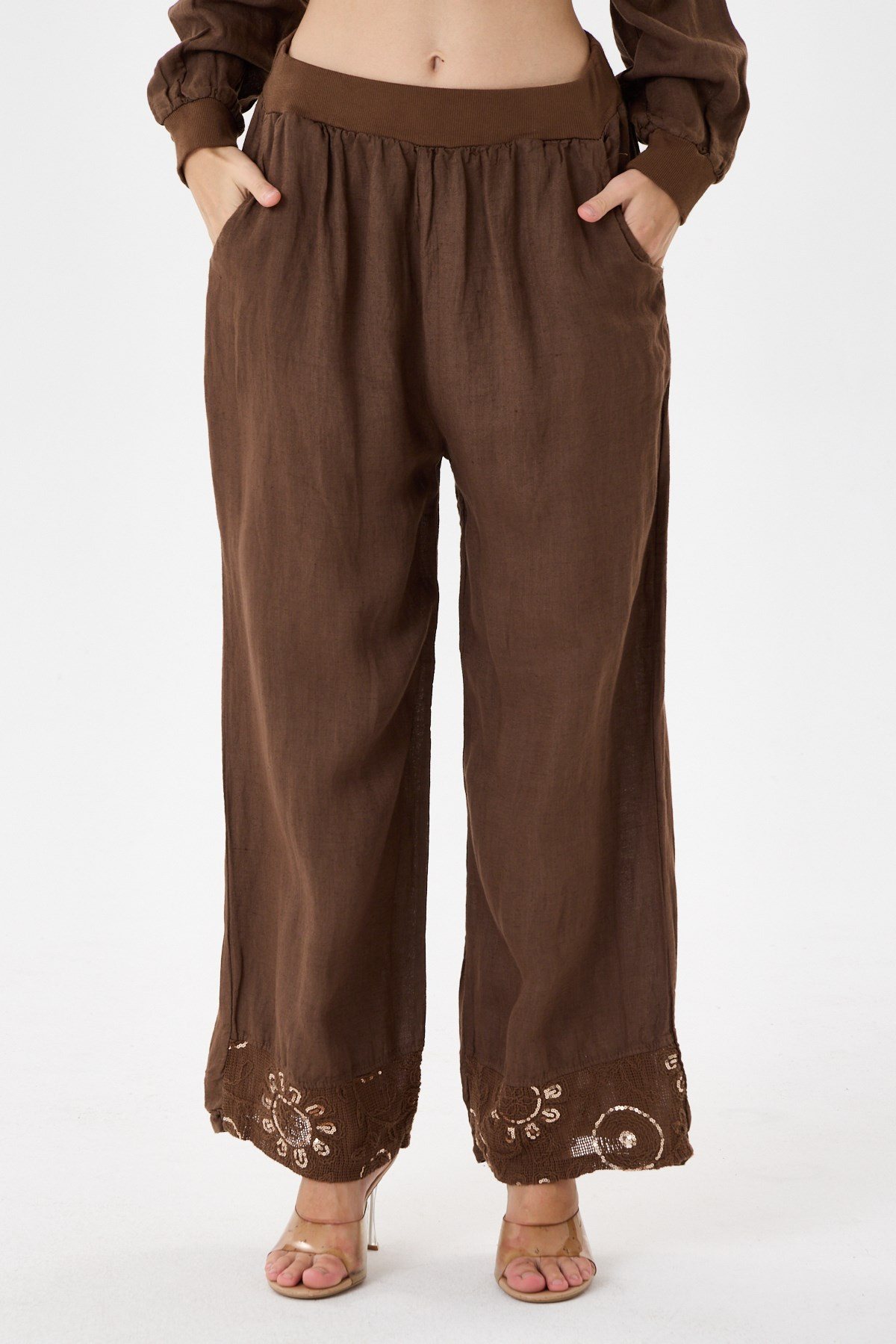 cioccolato İtalyan Ceketi Ve Pantolonu Pullu Keten Takım 2605XA46 - 11704-2437