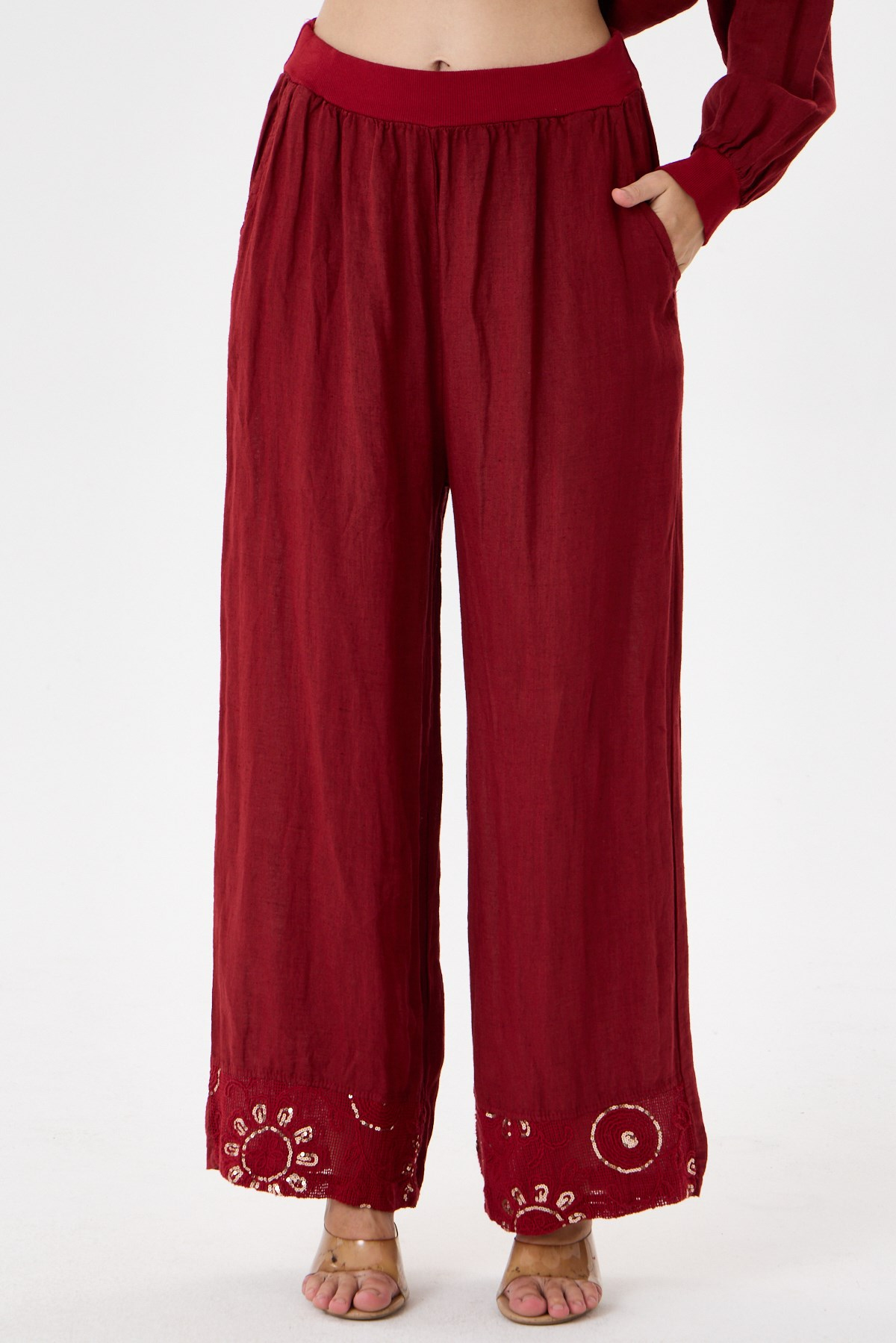 Red İtalyan Ceketi Ve Pantolonu Pullu Keten Takım 2605XA46 - 11704-2437