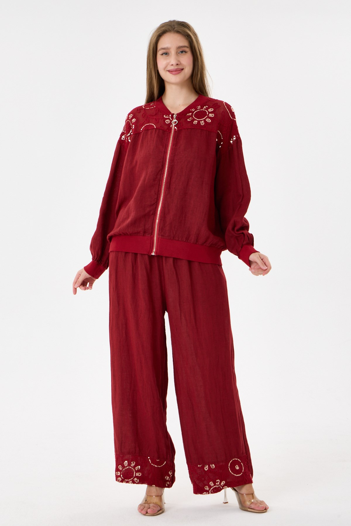 Red İtalyan Ceketi Ve Pantolonu Pullu Keten Takım 2605XA46 - 11704-2437