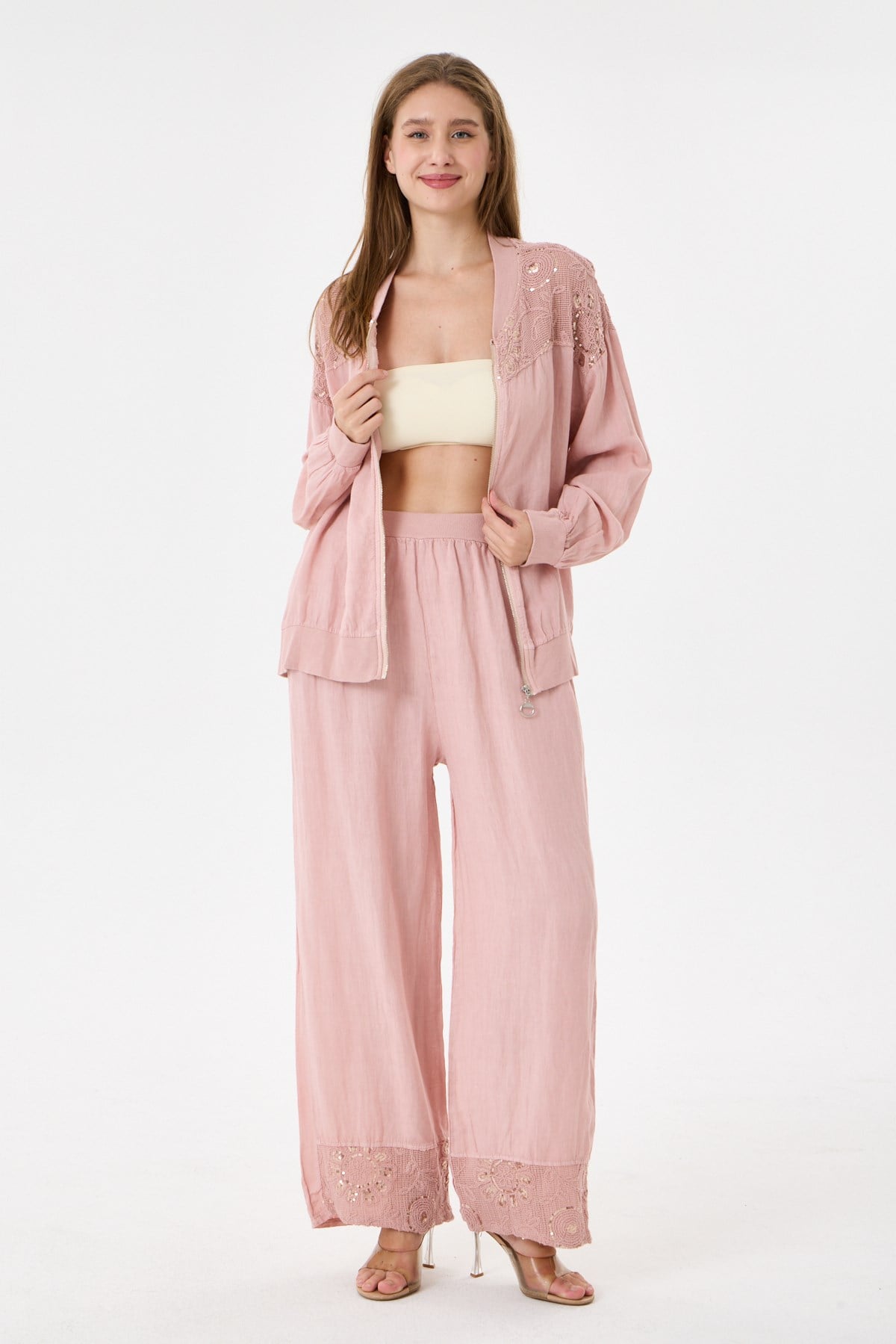 Pink İtalyan Ceketi Ve Pantolonu Pullu Keten Takım 2605XA46 - 11704-2437
