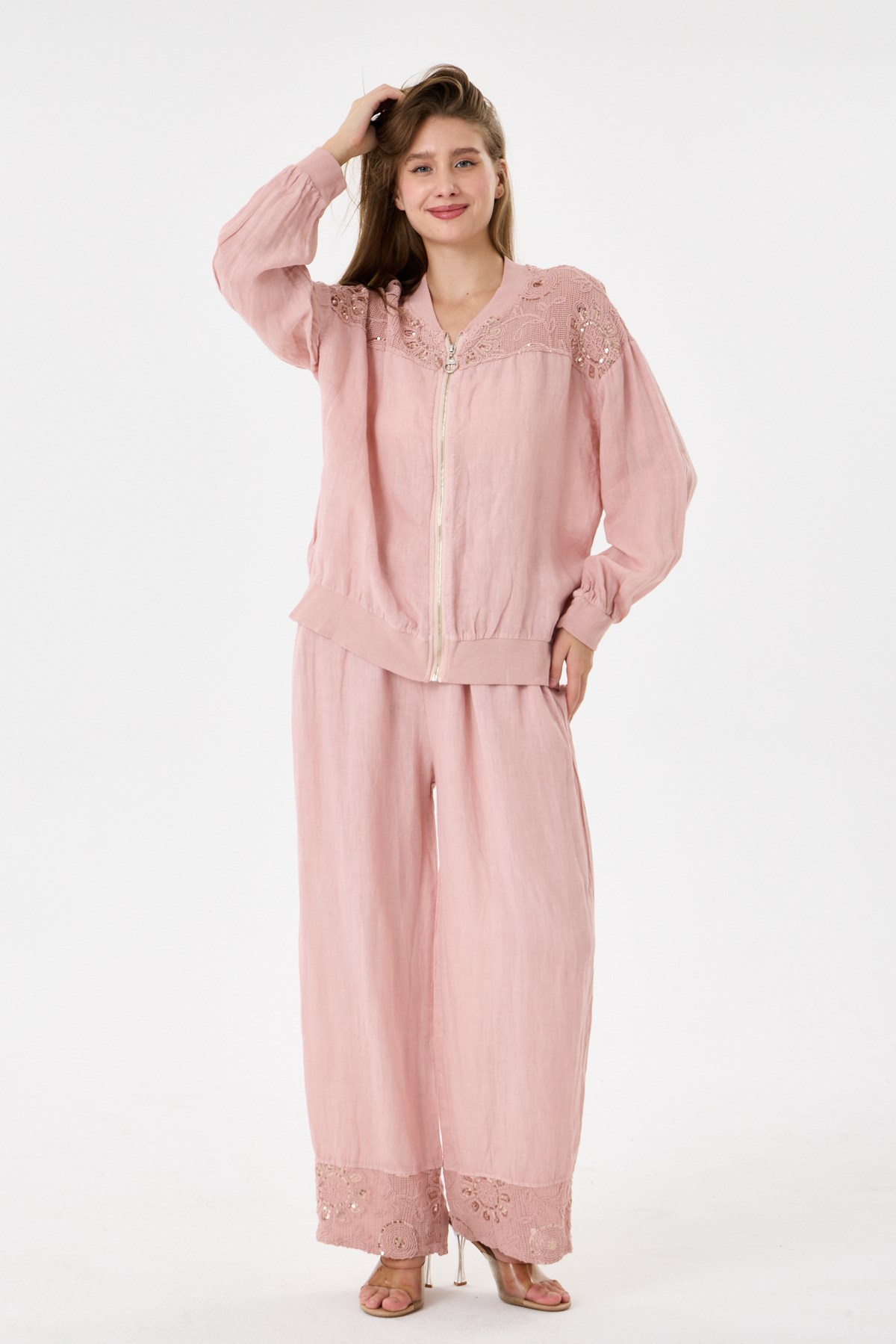 Pink İtalyan Ceketi Ve Pantolonu Pullu Keten Takım 2605XA46 - 11704-2437