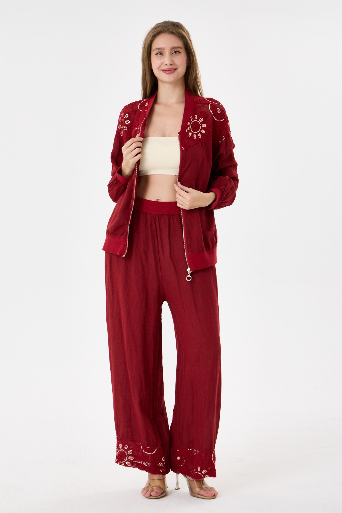 Red İtalyan Ceketi Ve Pantolonu Pullu Keten Takım 2605XA46 - 11704-2437