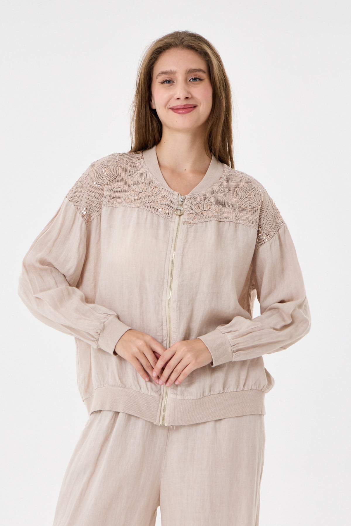 Beige İtalyan Ceketi Ve Pantolonu Pullu Keten Takım 2605XA46 - 11704-2437