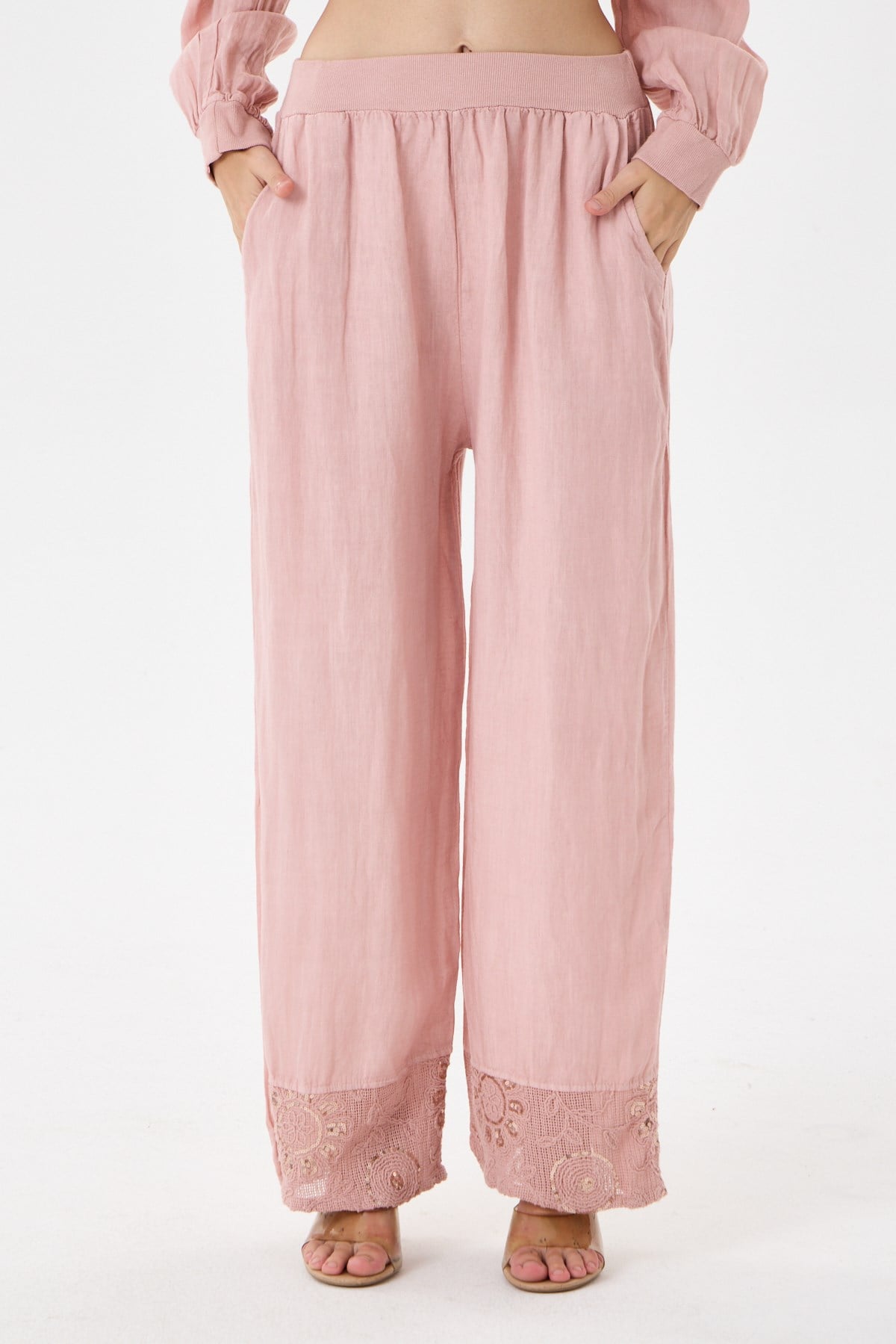 Pink İtalyan Ceketi Ve Pantolonu Pullu Keten Takım 2605XA46 - 11704-2437