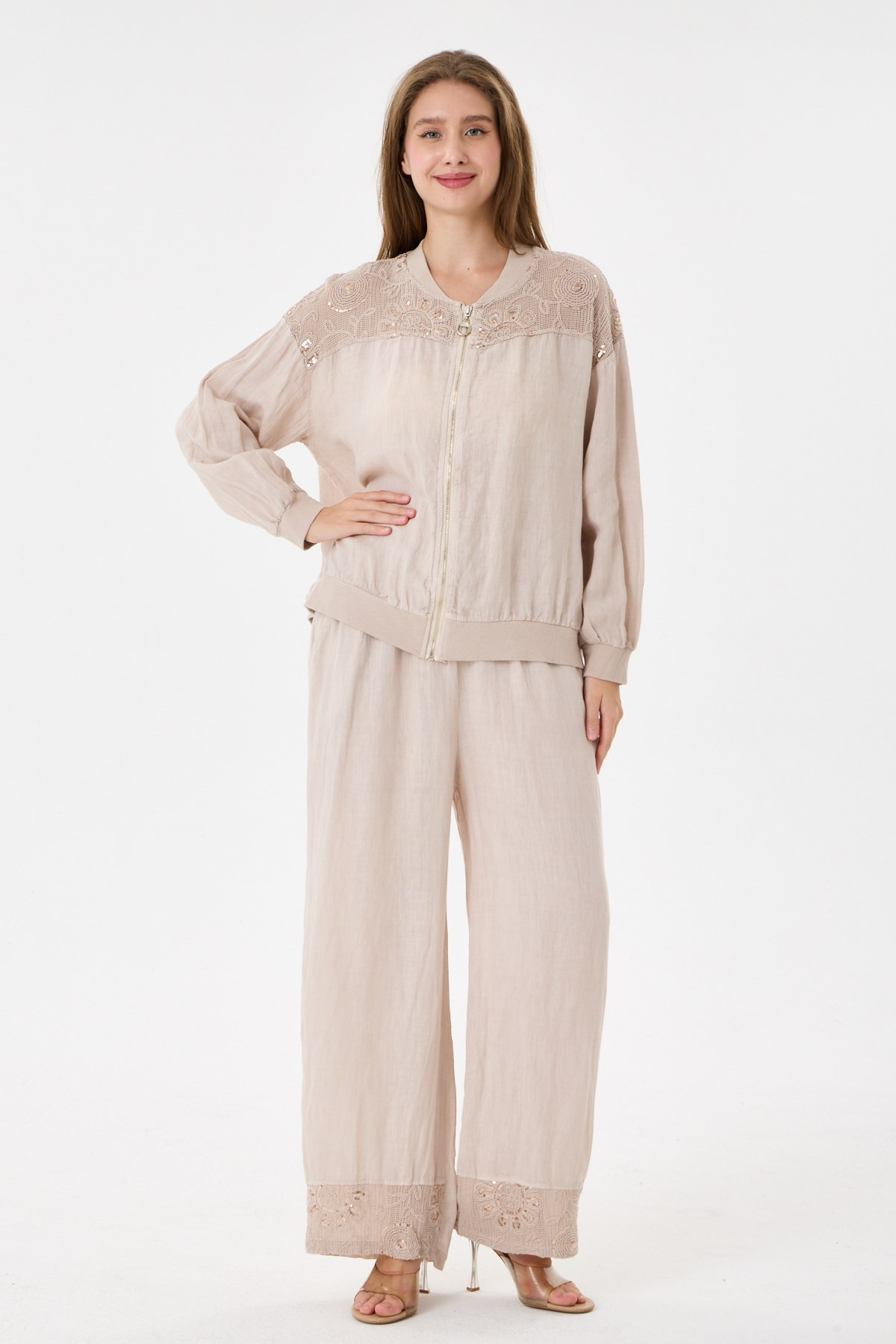 Beige İtalyan Ceketi Ve Pantolonu Pullu Keten Takım 2605XA46 - 11704-2437