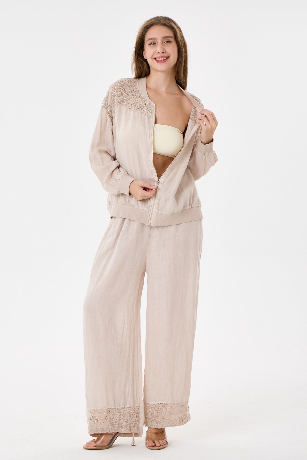 Beige İtalyan Ceketi Ve Pantolonu Pullu Keten Takım 2605XA46 - 11704-2437