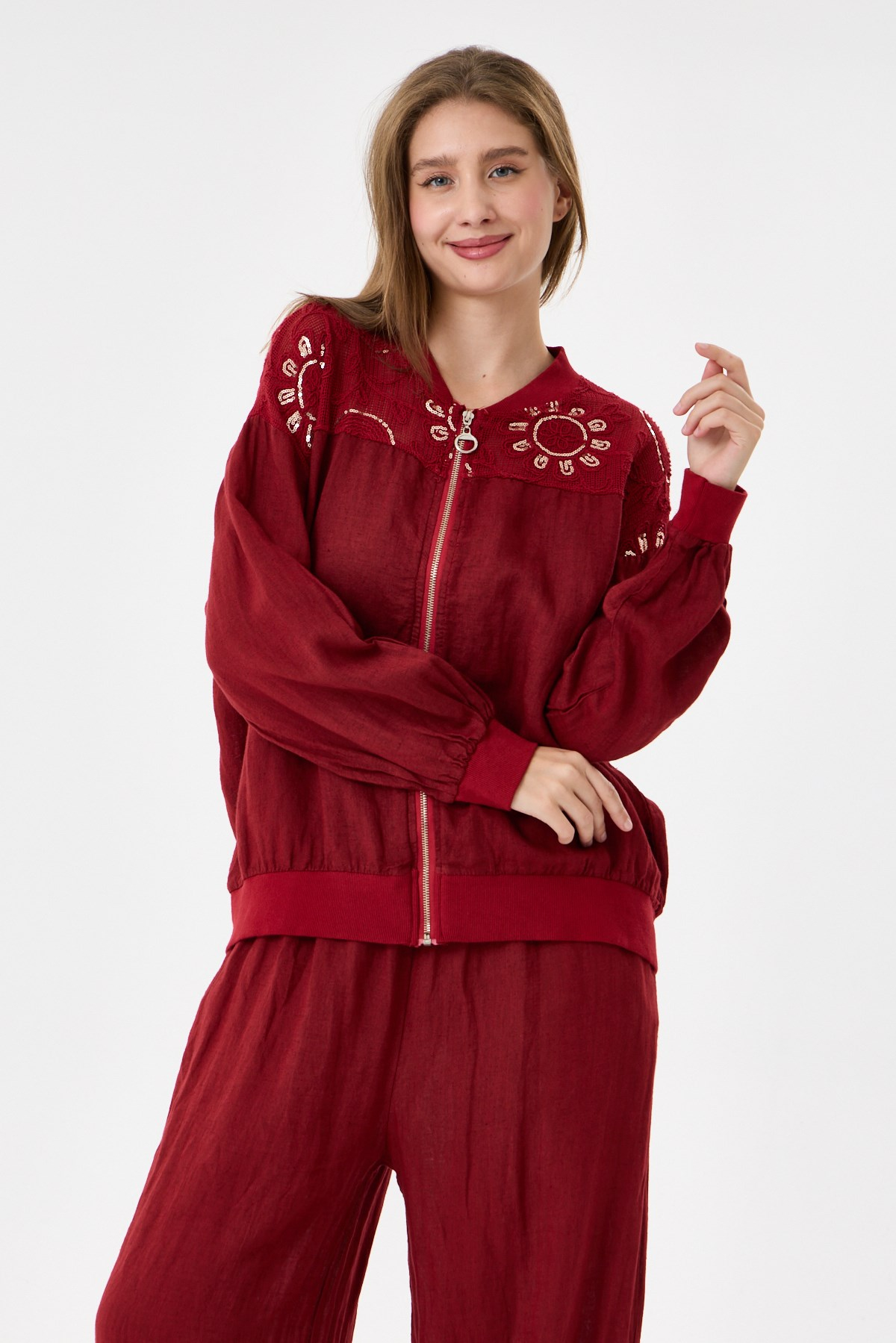Red İtalyan Ceketi Ve Pantolonu Pullu Keten Takım 2605XA46 - 11704-2437