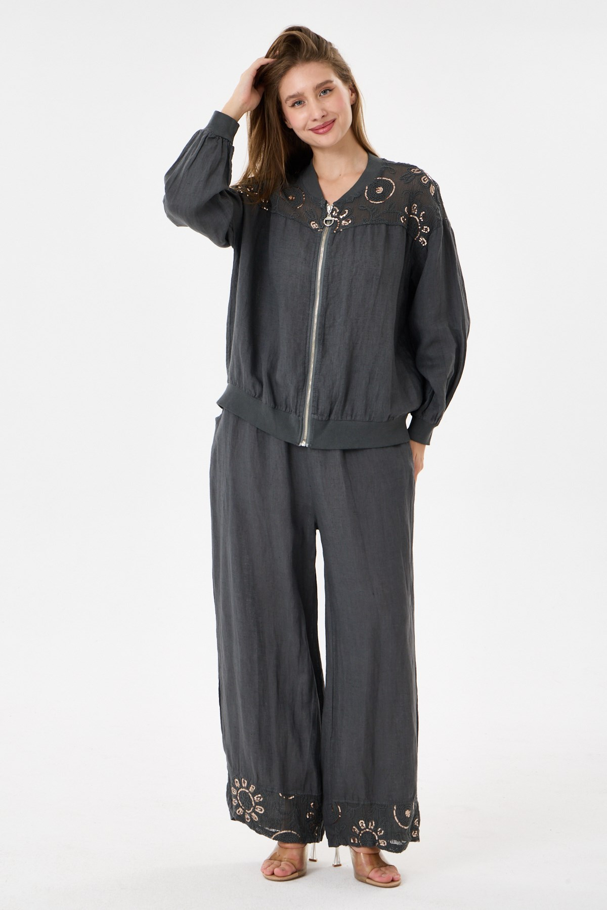 Dark Grey İtalyan Ceketi Ve Pantolonu Pullu Keten Takım 2605XA46 - 11704-2437