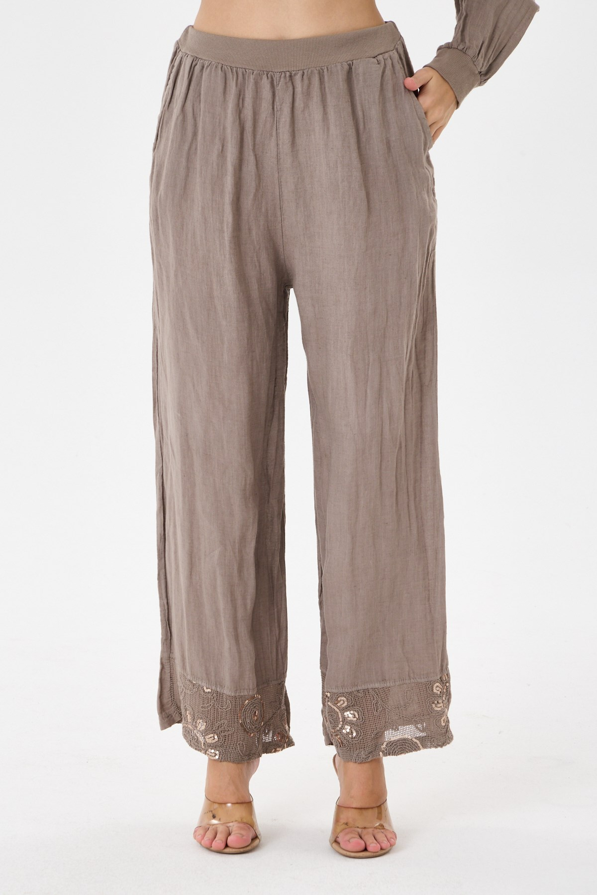 Taupe İtalyan Ceketi Ve Pantolonu Pullu Keten Takım 2605XA46 - 11704-2437