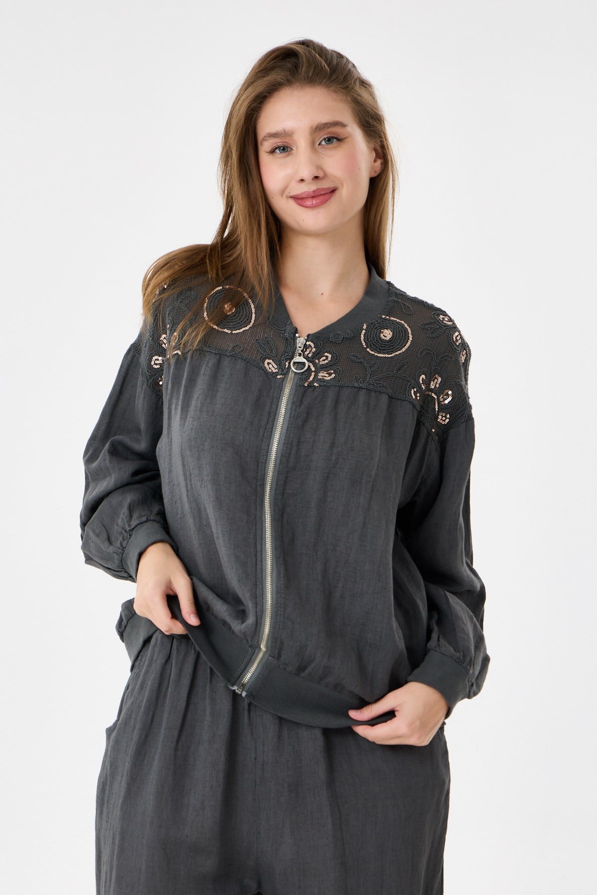 Dark Grey İtalyan Ceketi Ve Pantolonu Pullu Keten Takım 2605XA46 - 11704-2437