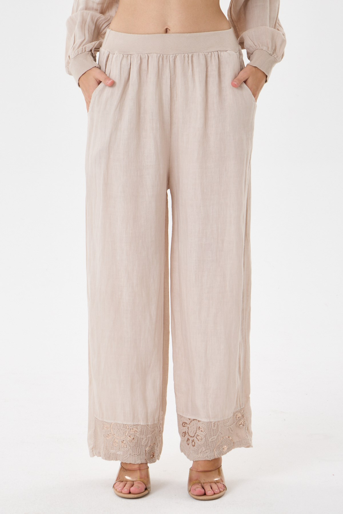 Beige İtalyan Ceketi Ve Pantolonu Pullu Keten Takım 2605XA46 - 11704-2437