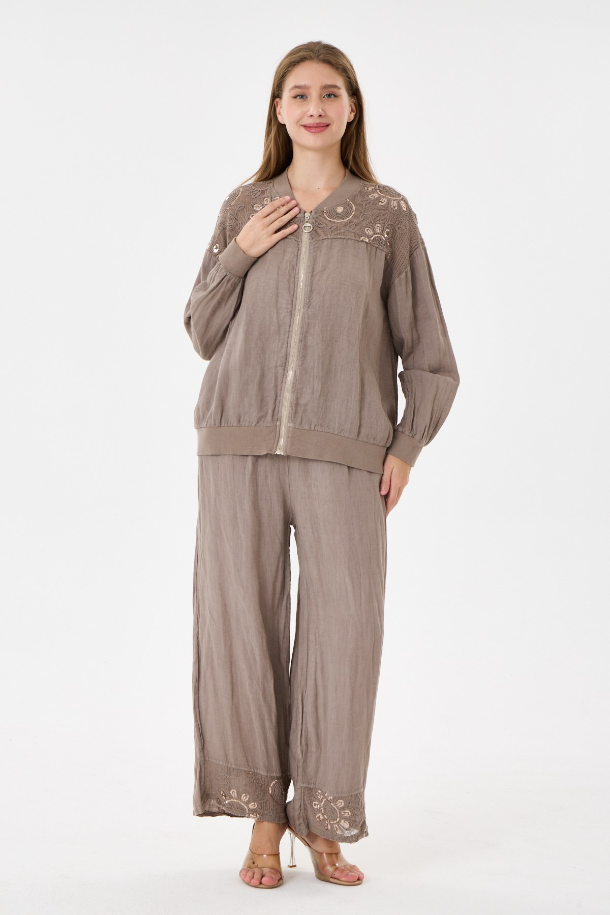 Taupe İtalyan Ceketi Ve Pantolonu Pullu Keten Takım 2605XA46 - 11704-2437